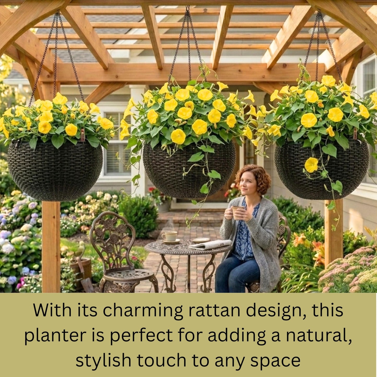 LaLaGreen Hanging Planters for Indoor Plants (11 Inch, 4 Pack) Brown Rattan Style Self-Watering Flower Pots with Water Level Indicator, Round Plastic Baskets with Metal Chain for Balcony, Porch Garden