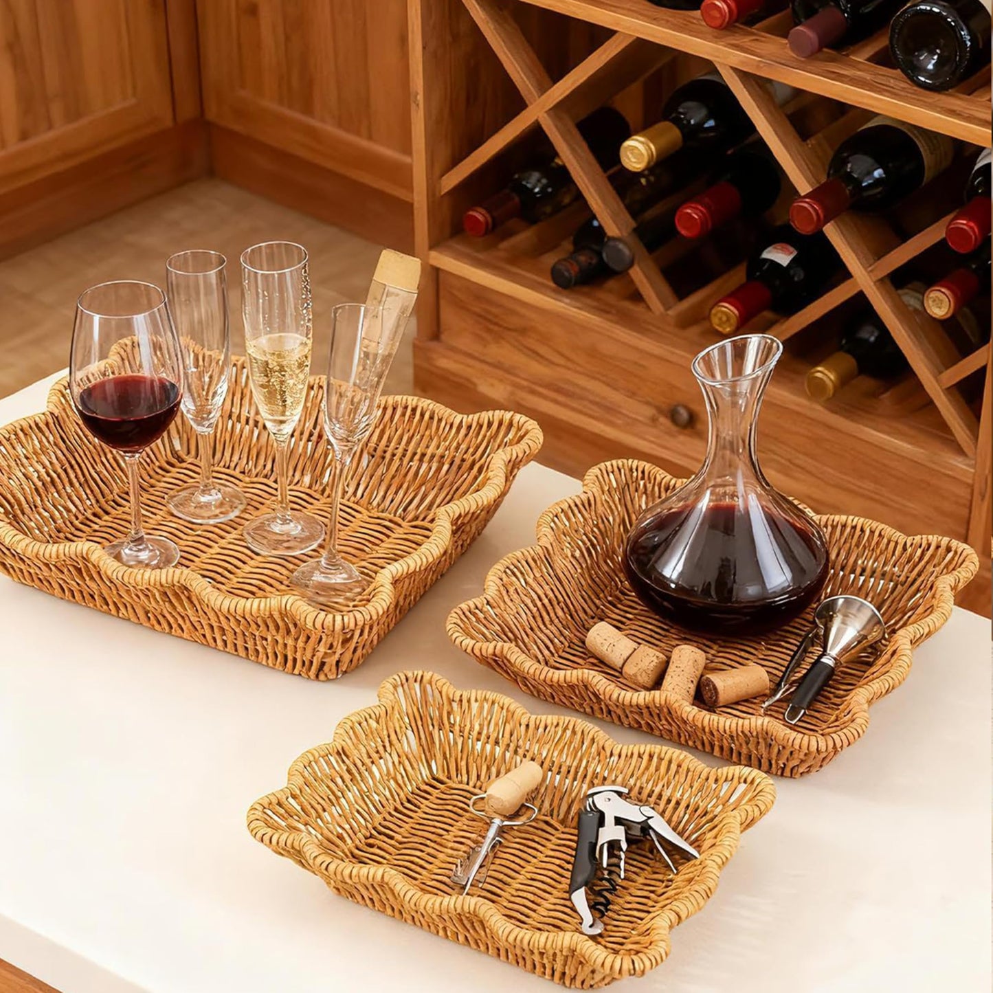 Woven Scalloped Storage Baskets Set of 3, Wicker Poly Rattan Serving Trays for Bread Fruits Vegetables, Kitchen Table Restaurant Decor Organizer (Large 11.5x9x2, Medium 10x8x2, Small 9x6.5x2)