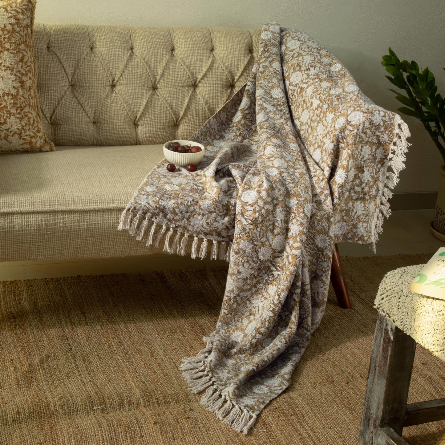 HOME WIBE 100% Pure Cotton Handblock Printed Throw Blanket, Soft 50" x 60" Fringed Floral Print Throw for Couch, Sofa, Chair, Bed - Cozy, Machine Washable, Comfortable Home Decor