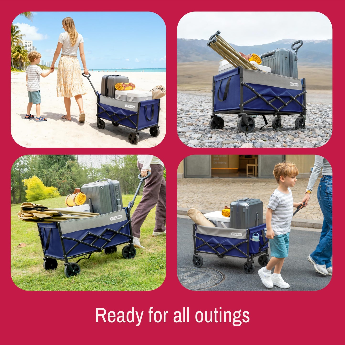 SYNCFUN Collapsible Wagon Cart Foldable 300lbs, Portable Rolling Shopping Carts on Wheels, Folding Sport Beach Wagons All Terrain, Heavy Duty Garden Utility Cart for Groceries Fishing, Blue