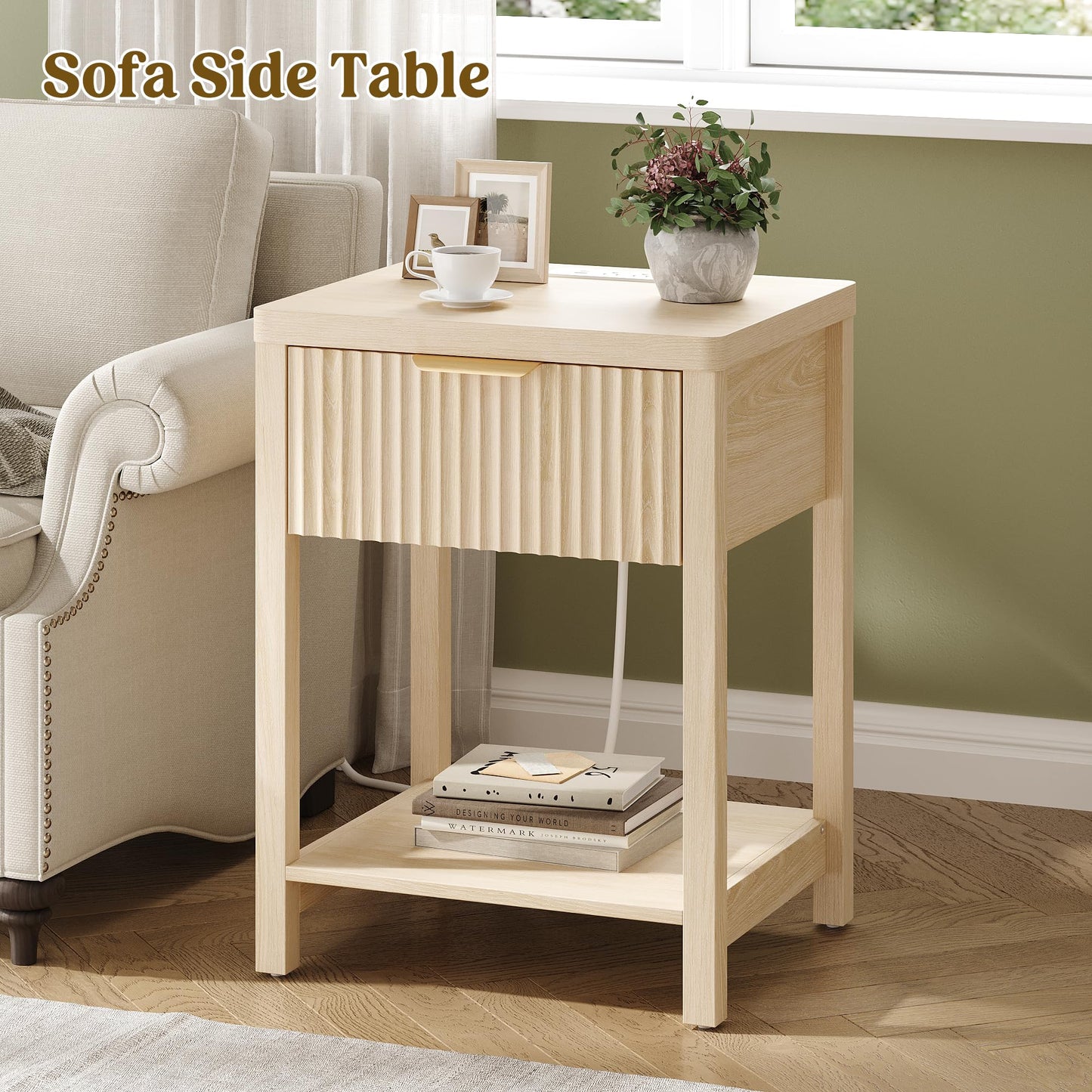 Lulive Night Stand Set 2, Fluted Nightstand with Charging Station, Wood Modern Bedside End Table with Storage Drawer for Bedroom, Save Space (Set of 2, Natural Oak)