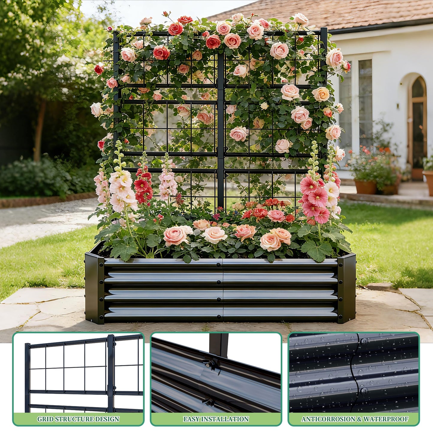 Galvanized Raised Garden Bed with Trellis for Climbing Plants Outdoor,Metal Vertical Garden Planter Box for Patio,Heavy Duty Elevated Garden Bed for Vegetables Tomatoes Cucumbers Flowers Herbs,Black