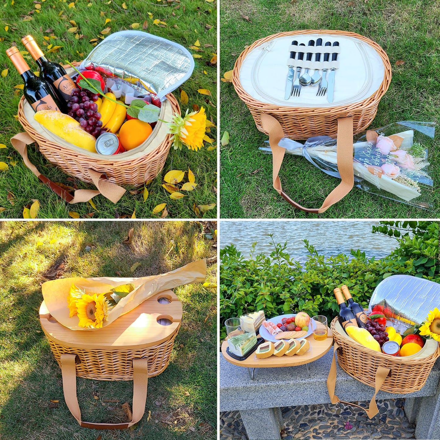Hap Tim Wicker Picnic Basket Set for 2 with Mini Folding Wine Picnic Table & Large Insulated Cooler Bag & Cutlery Service Kits for 2 Person, Couples Gifts, Wedding Gifts (Y2209-2-CM)