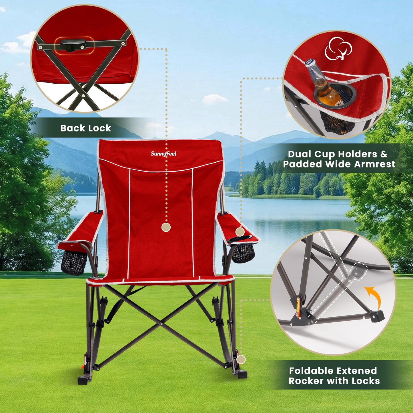 SUNNYFEEL Oversized Folding Rocking Camping Chair with Buckle Design Outdoor Rocker High Back Lawn Camp Rocker Chair with Cup Holder Heavy Duty 500 LBS for Outdoor/Camping/Lounge/Patio with Carry Bag