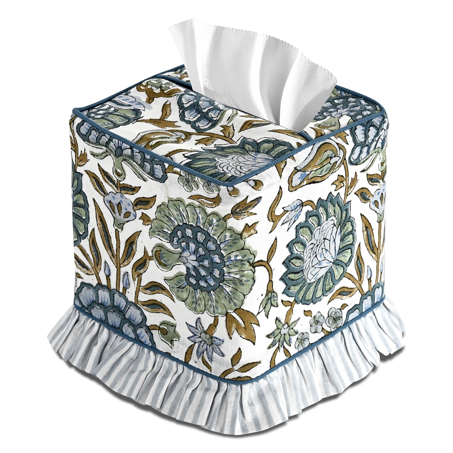 Ridhi Asparagus Green Block Print Ruffle Tissue Box Cover Handmade Cotton Decorative Square Napkin Holder for Home Bedroom Living Room Bathroom Vanity Countertop Car Office Kitchen