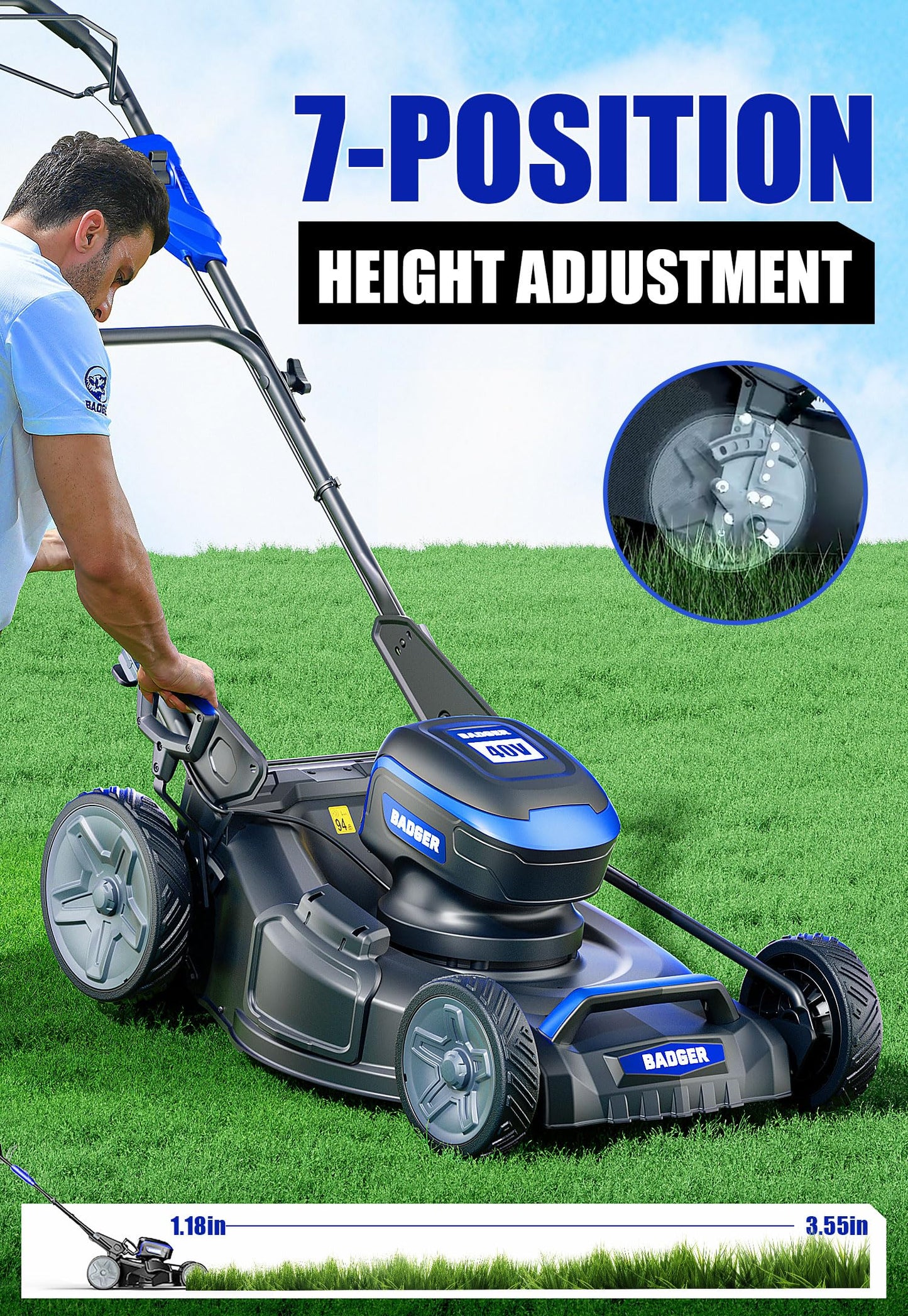 Wild Badger Power 40V 21″ Cordless Lawn Mower Brushless, 6,534 sq ft/0.15 ac, 2×4.0Ah Batteries & Fast Charger, 7-Position Heights,for Medium-to-Large Lawns