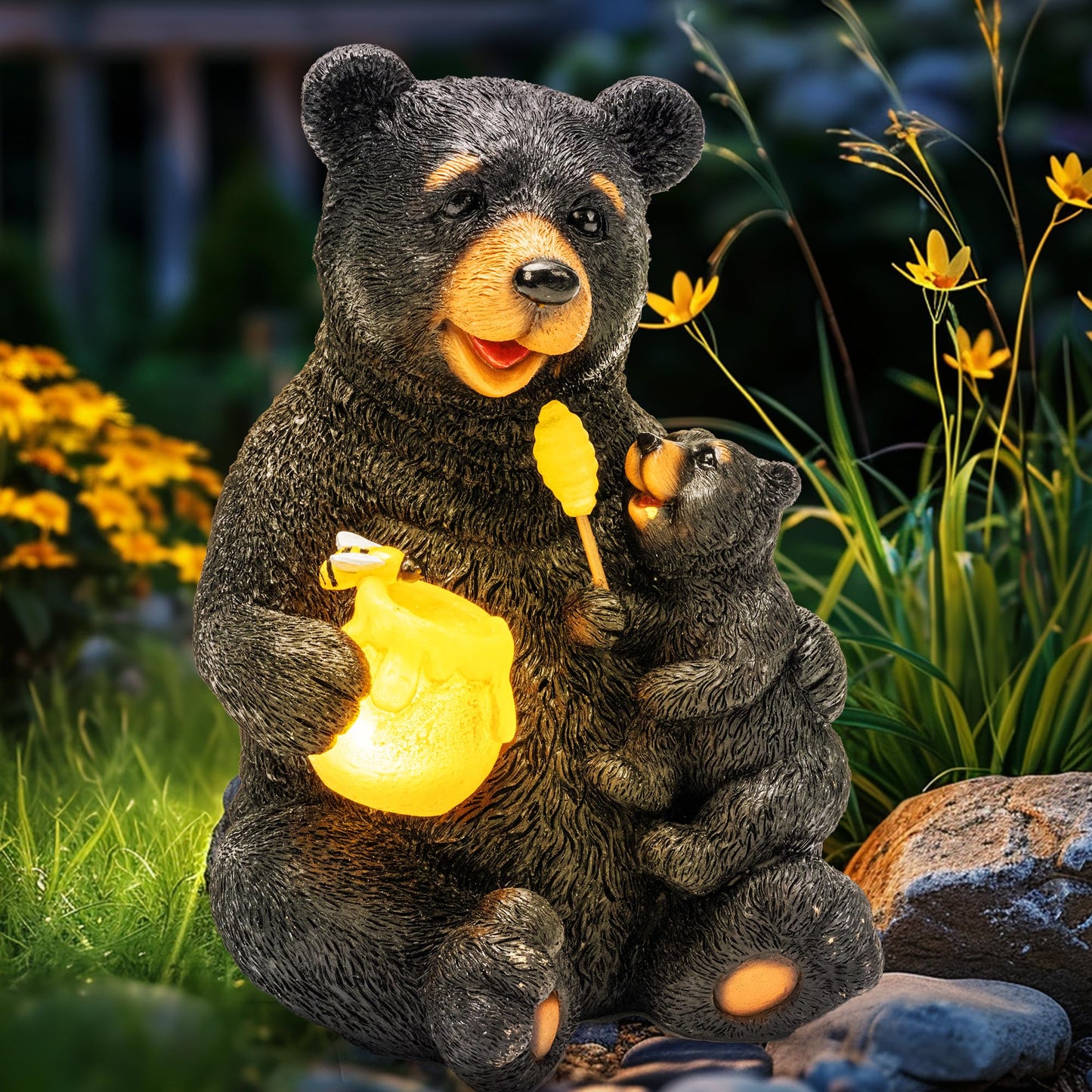 GIGALUMI Solar Garden Statues Bears 9", Loving Black Bear Decor, Yard Decorations Outdoor, Bear Figurine Lights for Outside, Garden Decor Unique Birthday Housewarming Gifts for Women, Mom