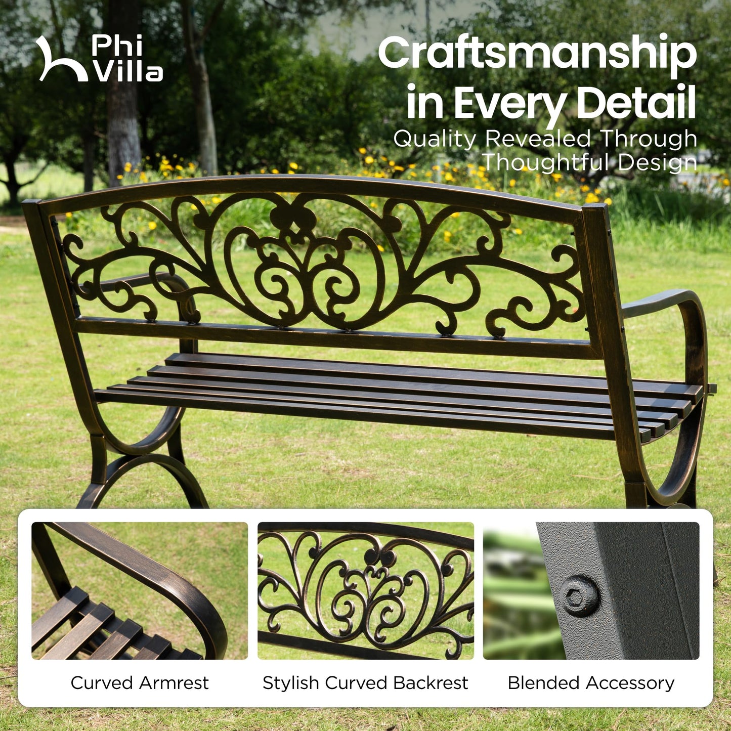 PHI VILLA 50Inch Cast Iron Steel Frame Garden Bench Patio Furniture Chair Outdoor Bench w/Floral Design Backrest, Slatted Seat for Park, Yard & Porch, Bronze