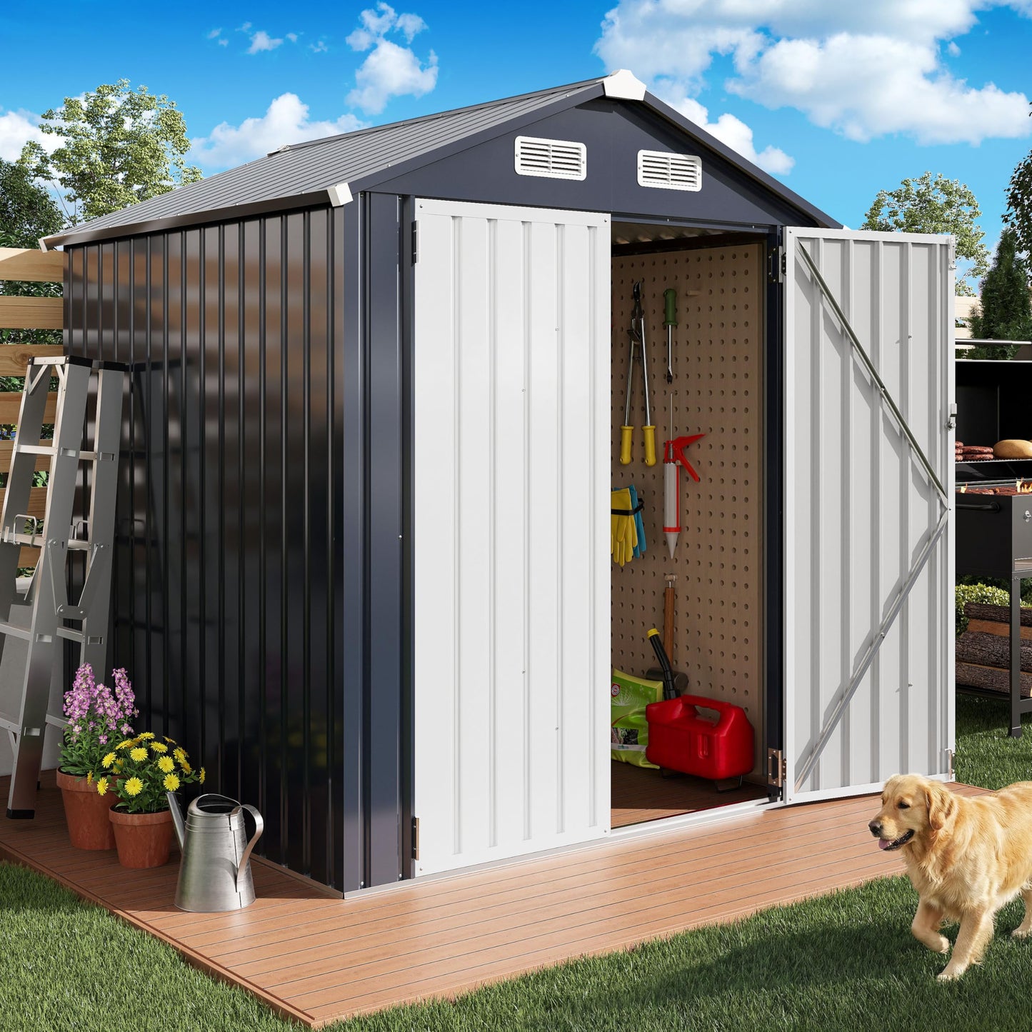 IRONCK 5.7x5.7FT Storage Shed, Outdoor Tool Shed with Lockable Doors and Breathable Vent, Outside Metal Garden Storage for Poolside, Backyard, Patio, Dark Blue