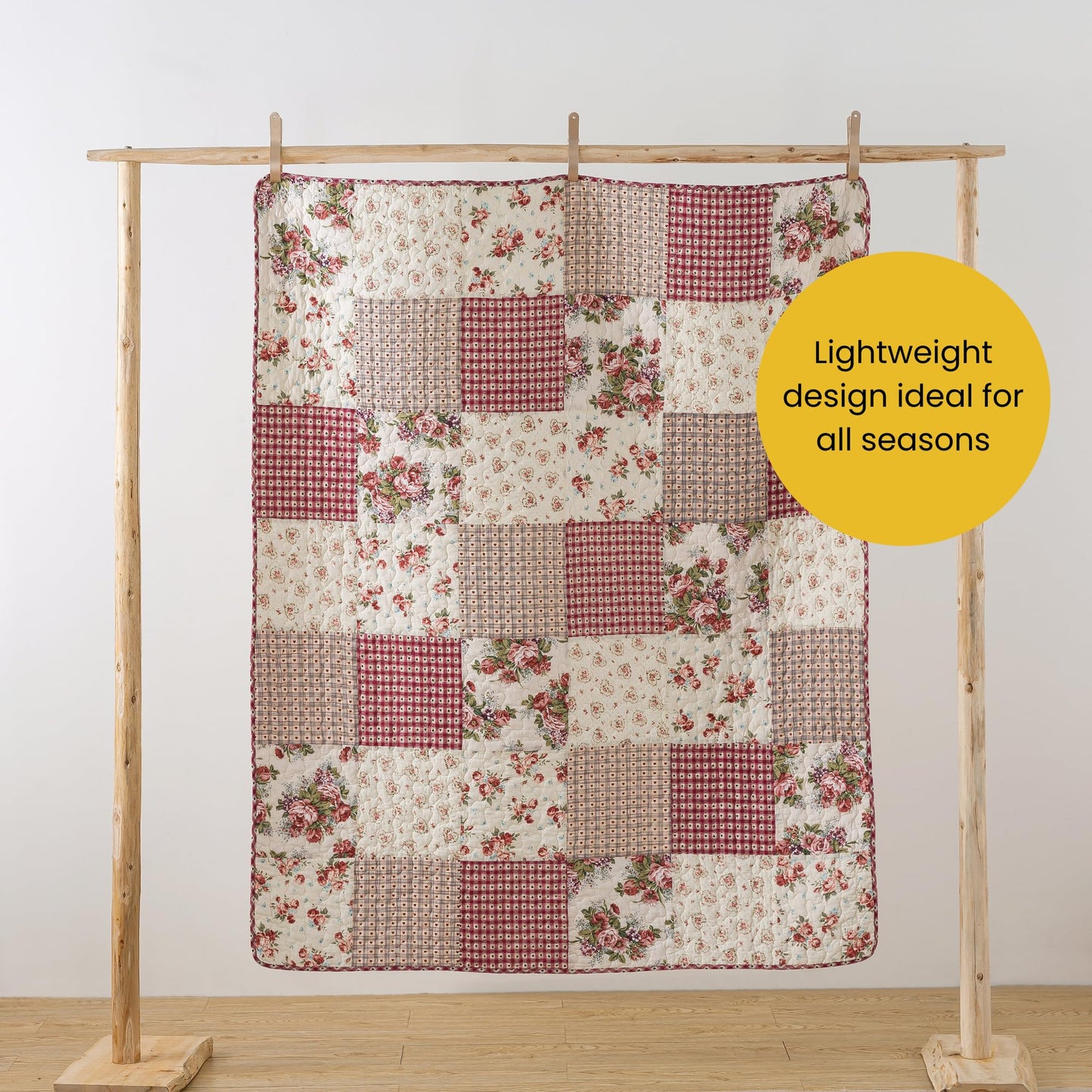 SLPR Cotton Quilted Throw Blanket, 50" x 60" Floral Farmhouse Patchwork Quilt, Shabby Chic Patchwork Throw Lap Quilt for Couch, Country Roses