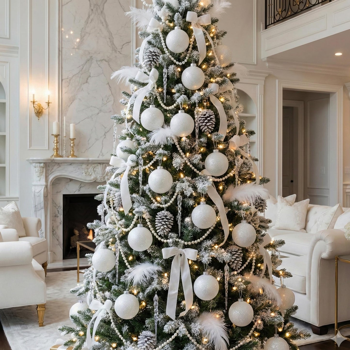 SLEETLY 28-Piece White Christmas Tree Ornaments – 12 Large 3.15” Shatterproof Glitter Snow Balls with 8 Icicles and 8 Snowflakes Set – Elegant Holiday Xmas Decorations for Farmhouse Winter Decor