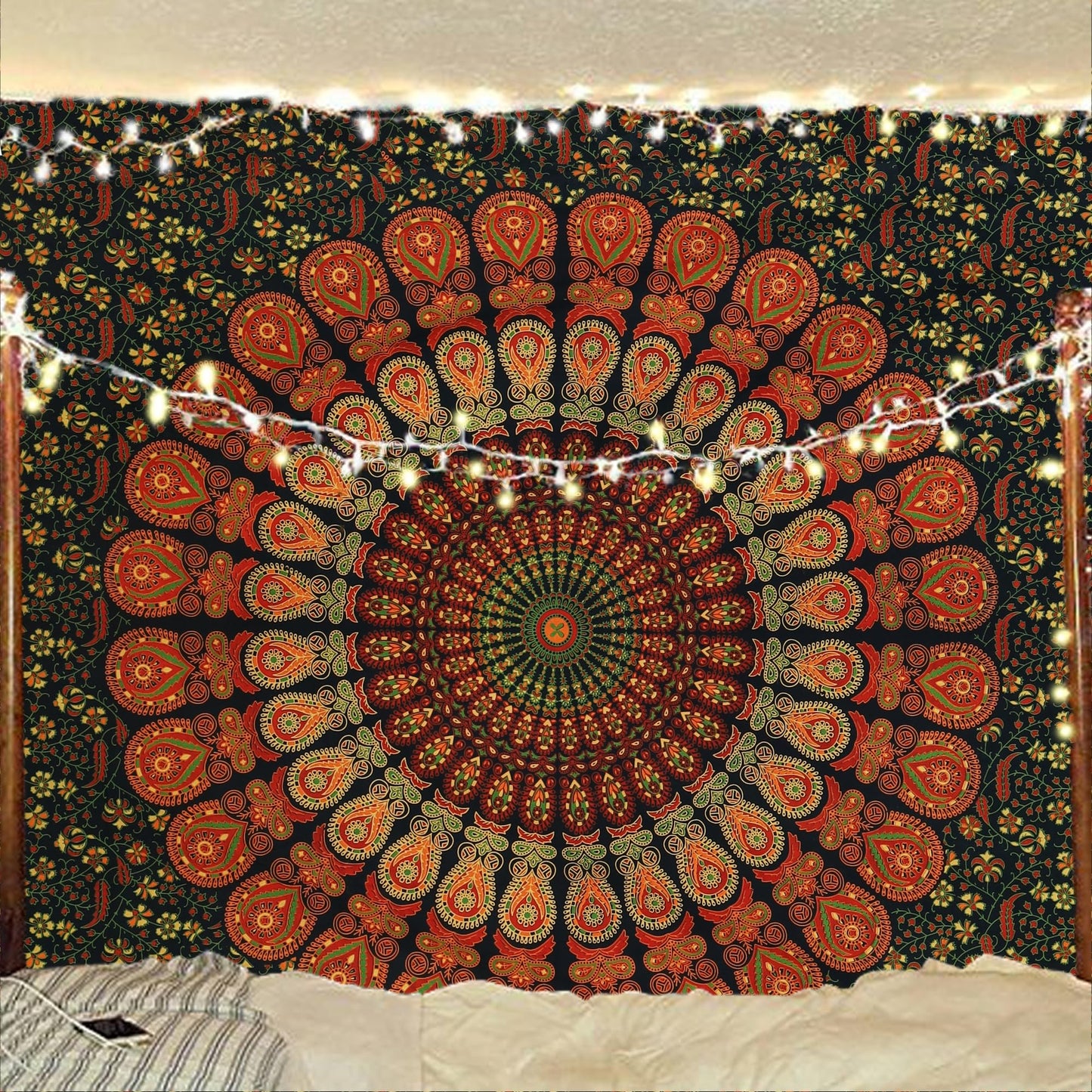 Bless International Handmade Indian hippie Bohemian Psychedelic Peacock Mandala Wall hanging College Dorm Beach Throws Table Cloth Bedding Tapestry (Golden Green, Medium(54x60Inches)(137x152cms))