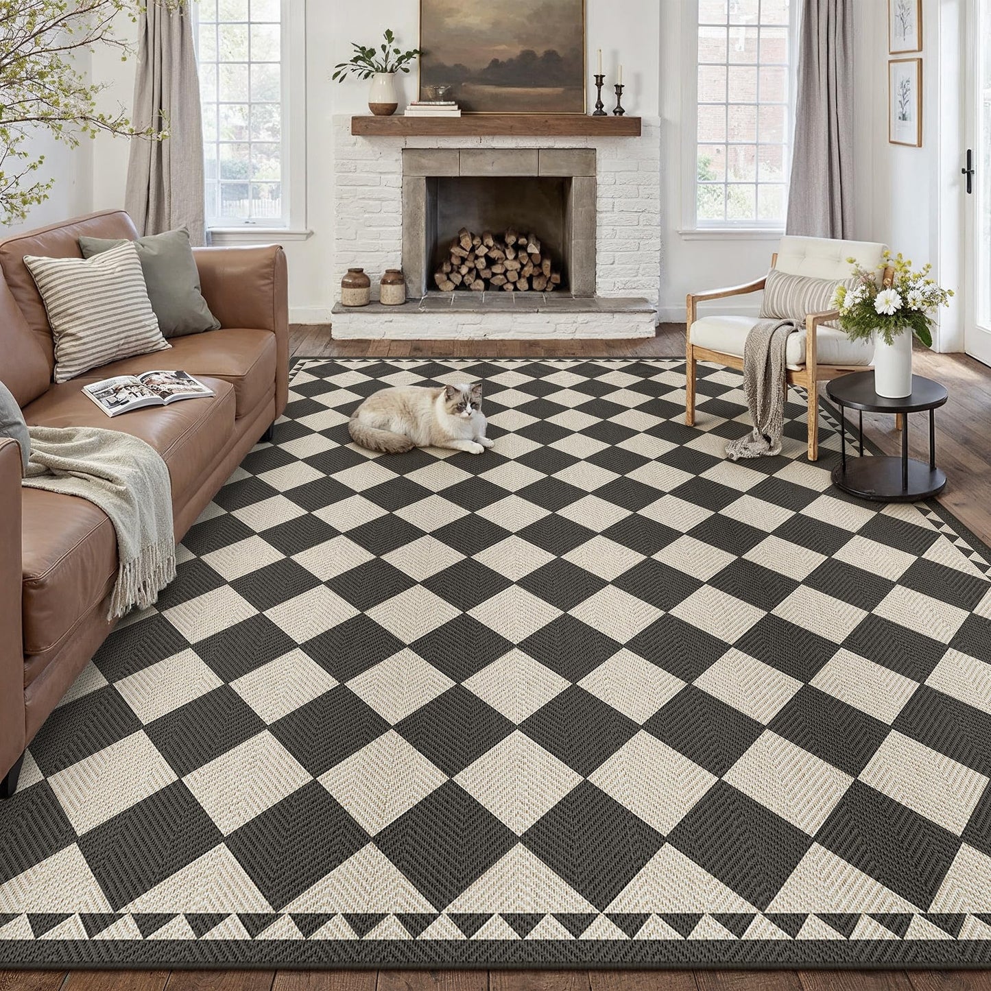 HUGEAR 8x10 Outdoor Rug Black/Beige Linen-Look Fabric Checkered Area Rug High Traffic Stain Resistant Easy Clean Durable Rugs for Indoor/Outdoor Patio Deck Balcony Porch Garden Courtyard