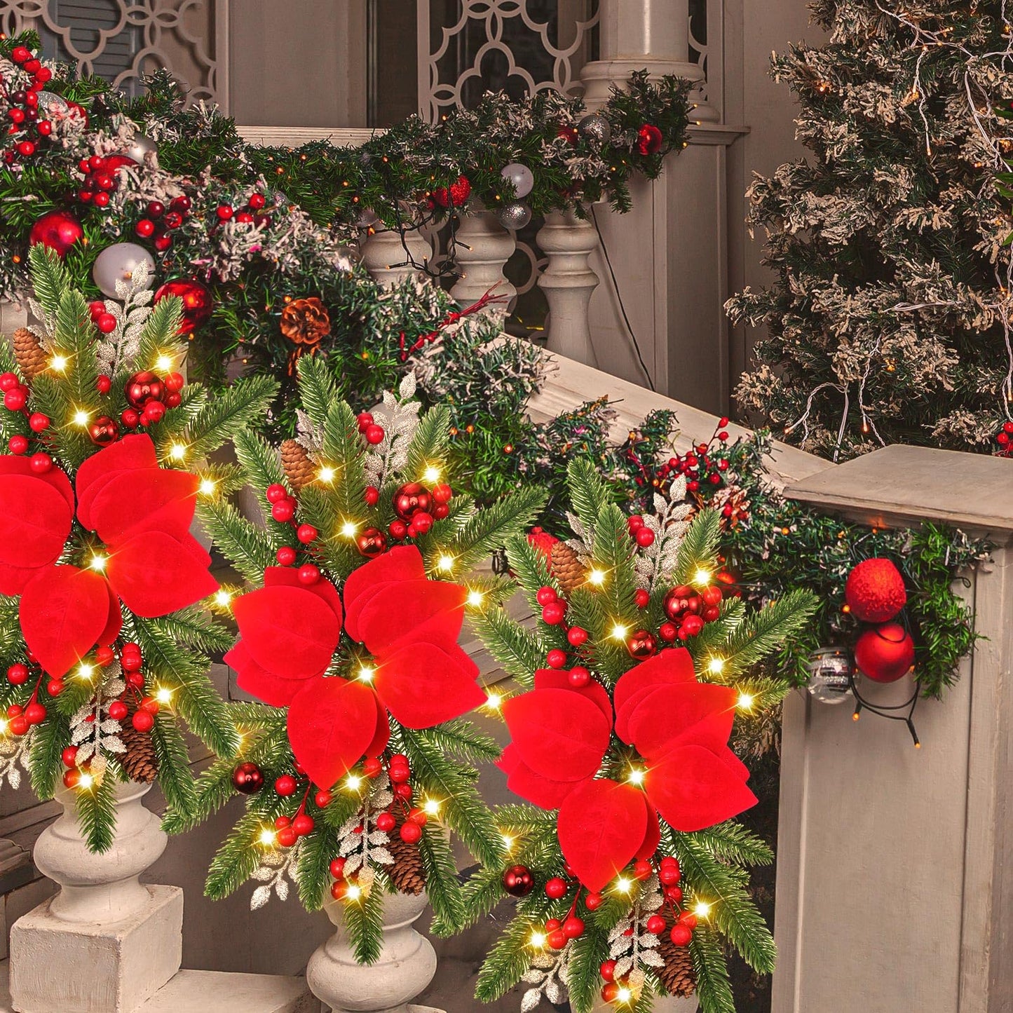 Hotop 3 Pcs Artificial Christmas Swag 17.7" Prelit Teardrop Christmas Swags for Stairs Xmas Garland with Lights for Decorating Outdoor Front Door Window Home(Red)