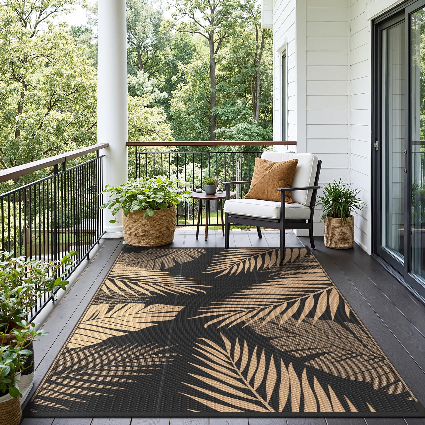 sarben Outdoor Rug 10’x14’ Waterproof for Patio Clearance, Reversible Indoor Outdoor Plastic Straw Camping Rug Carpet, RV Mat, Large Area Rug for Deck, Backyard, Balcony, Porch, Beach, Black & Brown