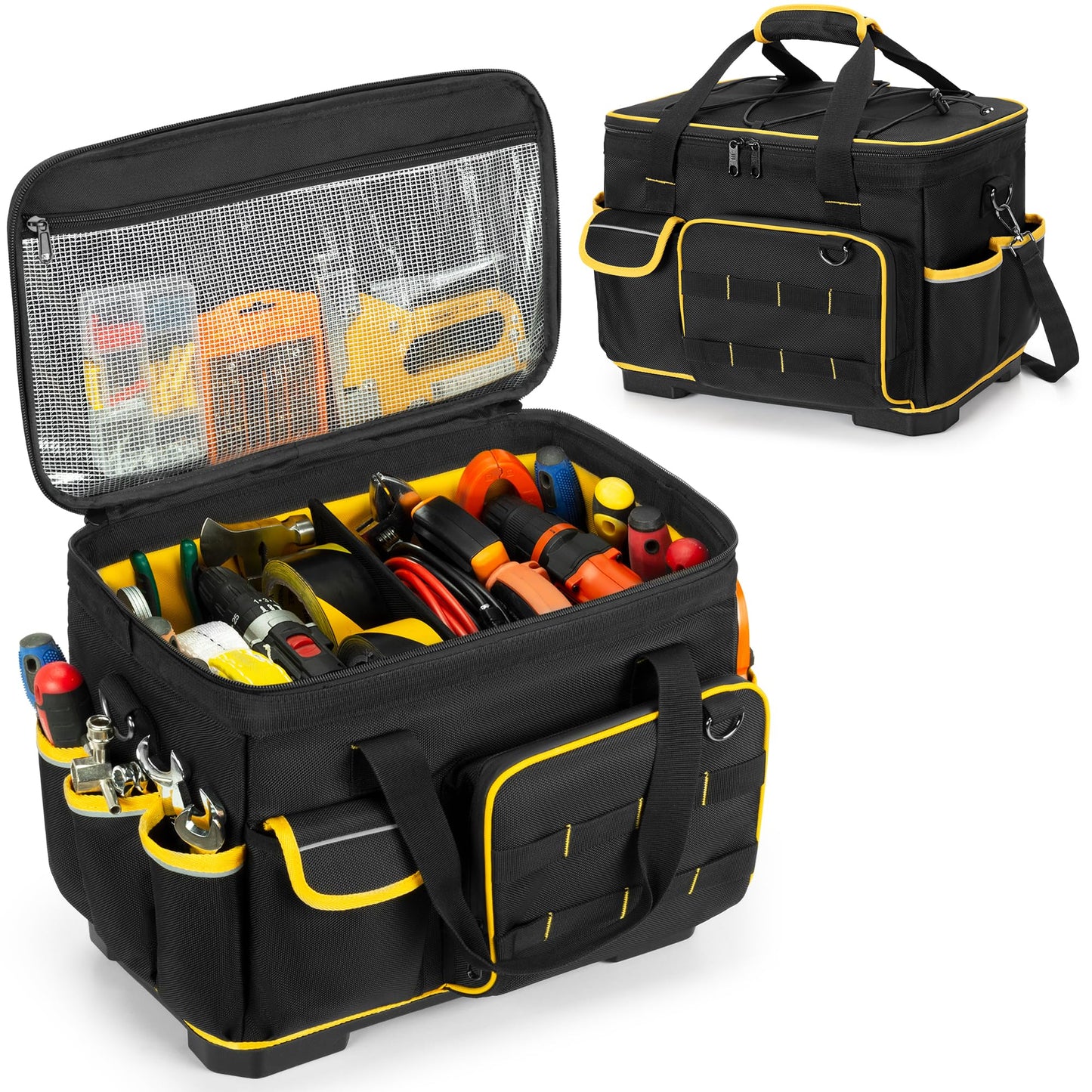 Marscamd 16-inch Tool Bag with Hard Bottom and a Detachable Divider, Heavy Duty Tool Tote with Multiple Pockets, Black