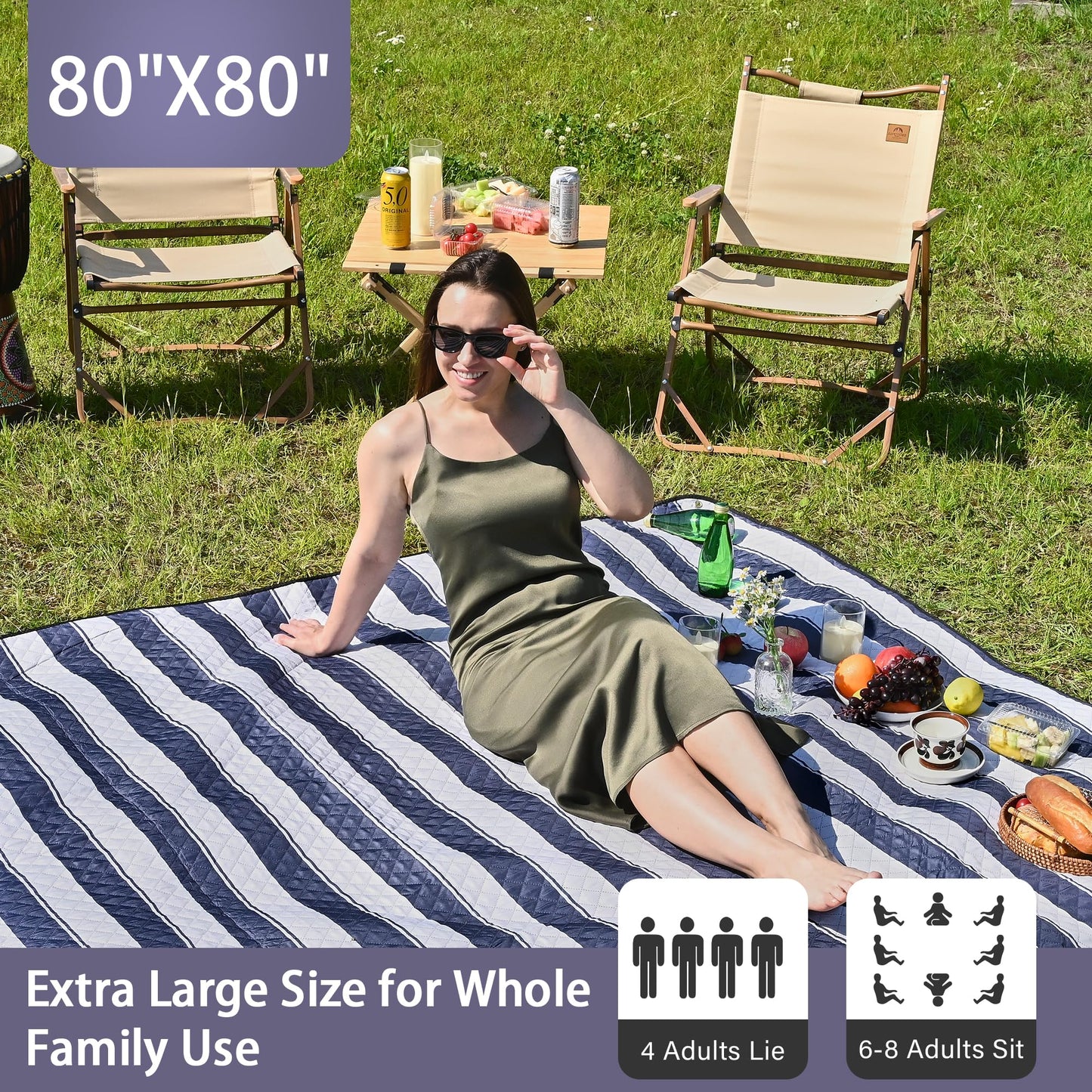 HX&OD Outdoor Picnic Blanket Extra Large, 80''*80'' Waterproof Picnic Mat with Stakes Foldable Camping Blanket Portable with Carry Strap for Beach Mat (Blue& White, 80''*80'')