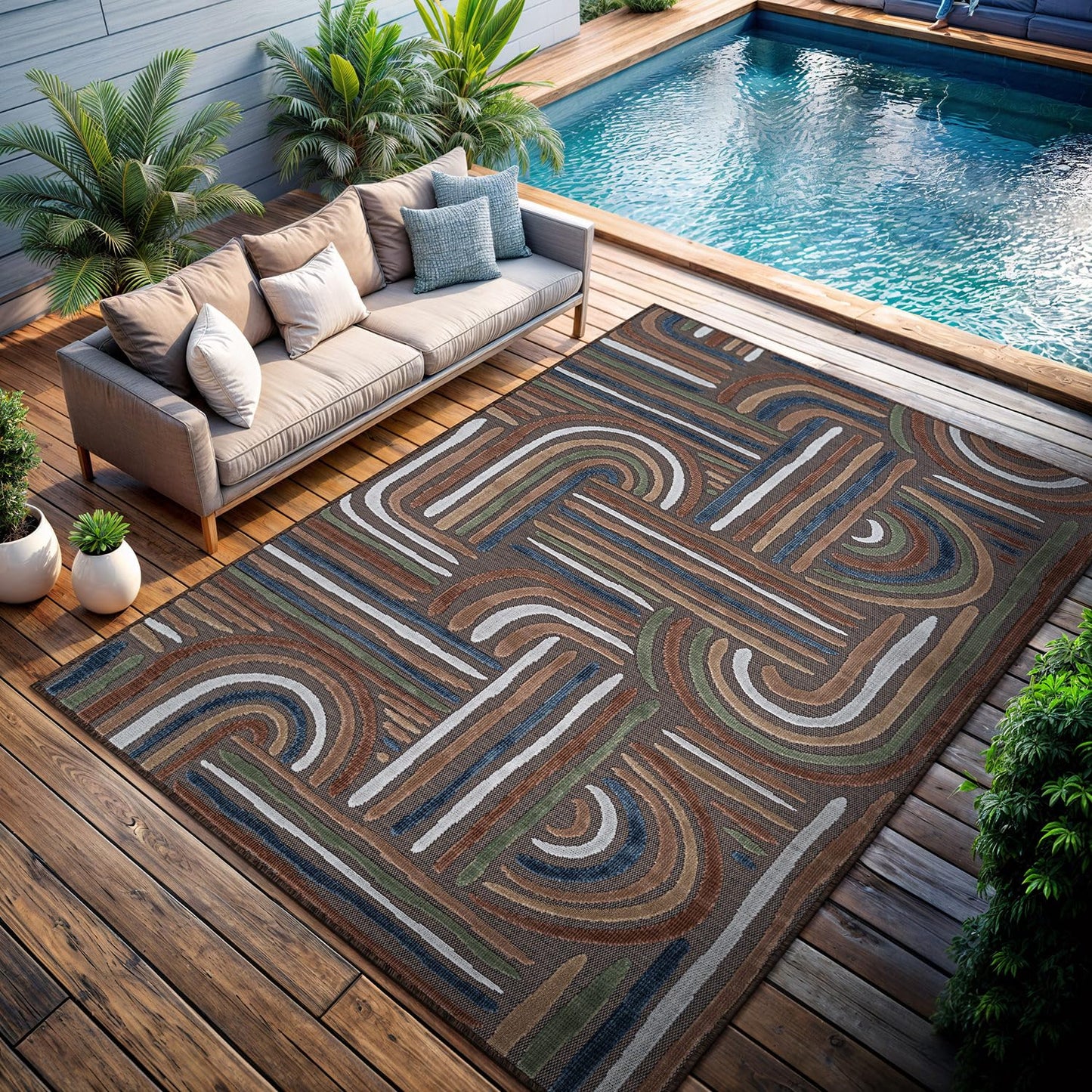 CAMILSON Indoor Outdoor Rug, Brown 8x10 Geometric Arch Striped Area Rugs for Patio and Home Areas, Easy-Cleaning Non-Shedding Living Room, Garden and Deck Washable Outside Carpet (8 x 10)