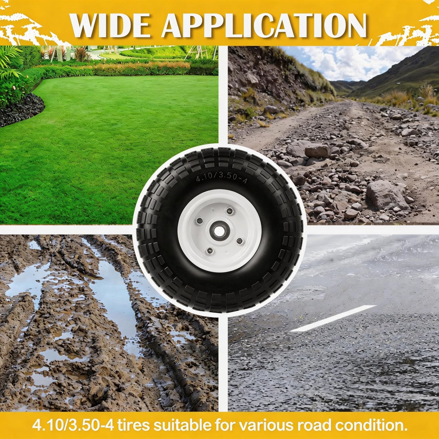 4.10/3.50-4 Tire and Wheel Flat Free, 10" Solid Tire 220LB Capacity Each, with 5/8" Bearings and 2.1" Offset Hub, for G orilla Cart, Garden Cart, Trailer, Dolly, Hand Truck, Wagon, 4 Pack, Silver