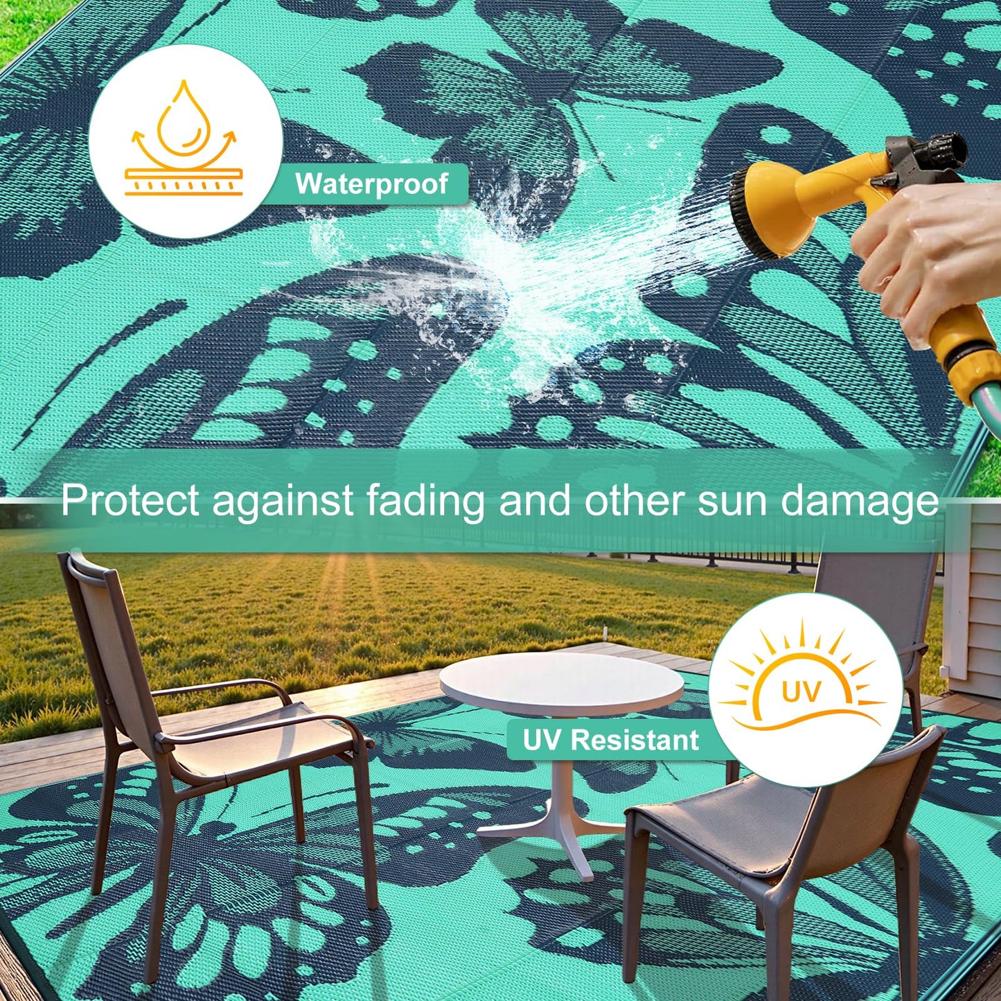 Uphome Outdoor Rug Waterproof 6x9 ft, Patio Plastic Straw Rugs for RV Camping, Reversible Butterfly Mat Outside, Indoor Outdoor Floor Carpet for Back Yard Deck Balcony Porch Beach Picnic, Teal