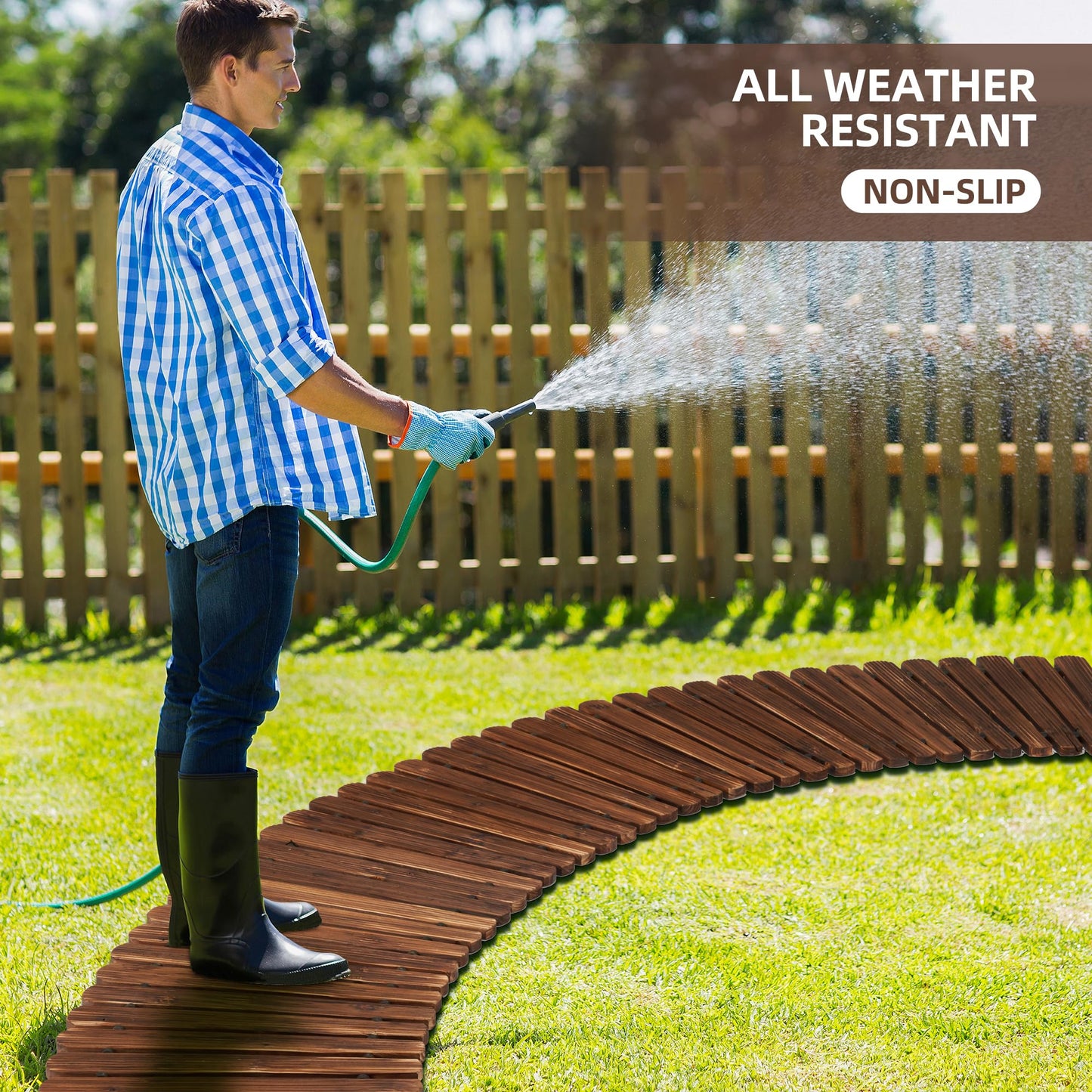 Spurgehom 7FT Wooden Pathway, Roll Out Cedar Curved Walkway, Patio Path Boardwalk Walkways,Weather-Resistant Outdoor Path for Backyard, Beach & Wedding Events