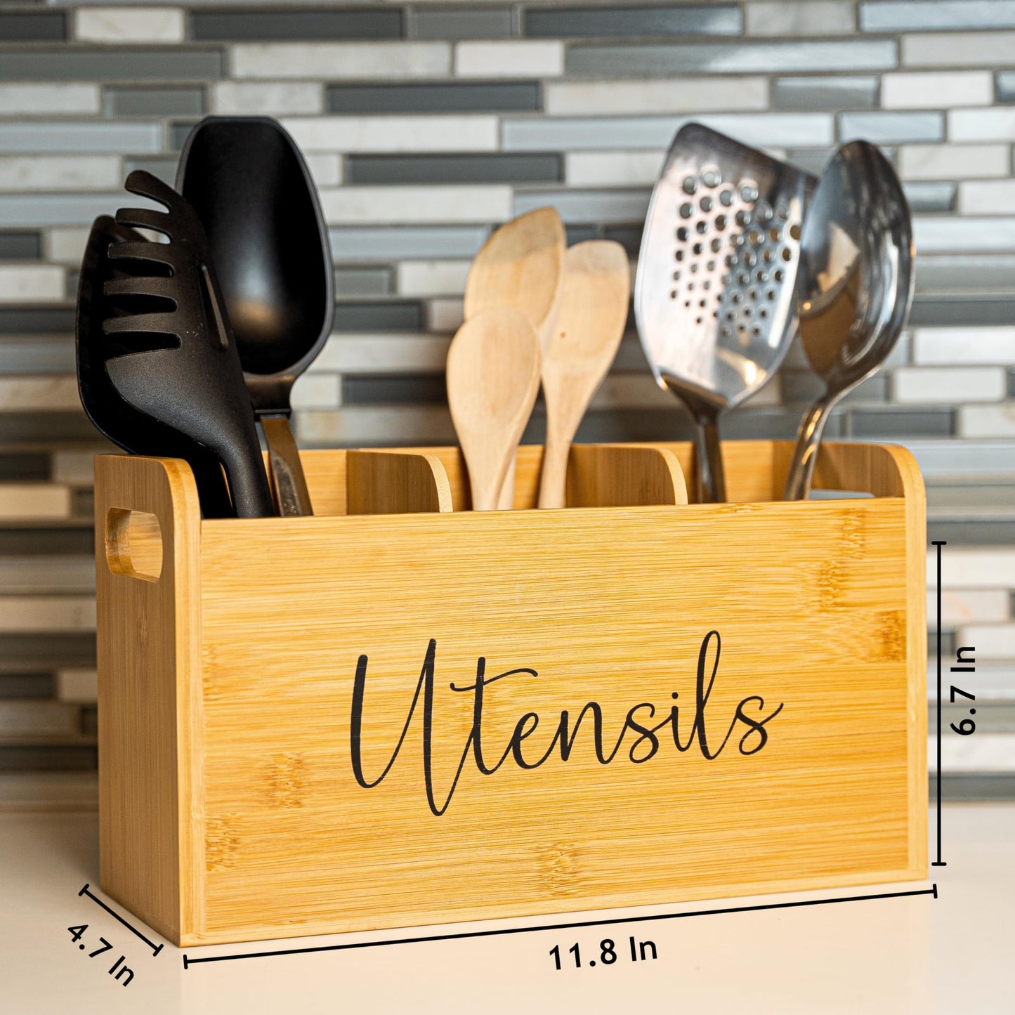 Bamboo Kitchen Utensil Holder for Countertop – Large 3-Compartment Organizer & Caddy with Drain Holes, Farmhouse Utensil Holder for Kitchen Counter, Rustic Wood Storage for Spoons & Spatulas