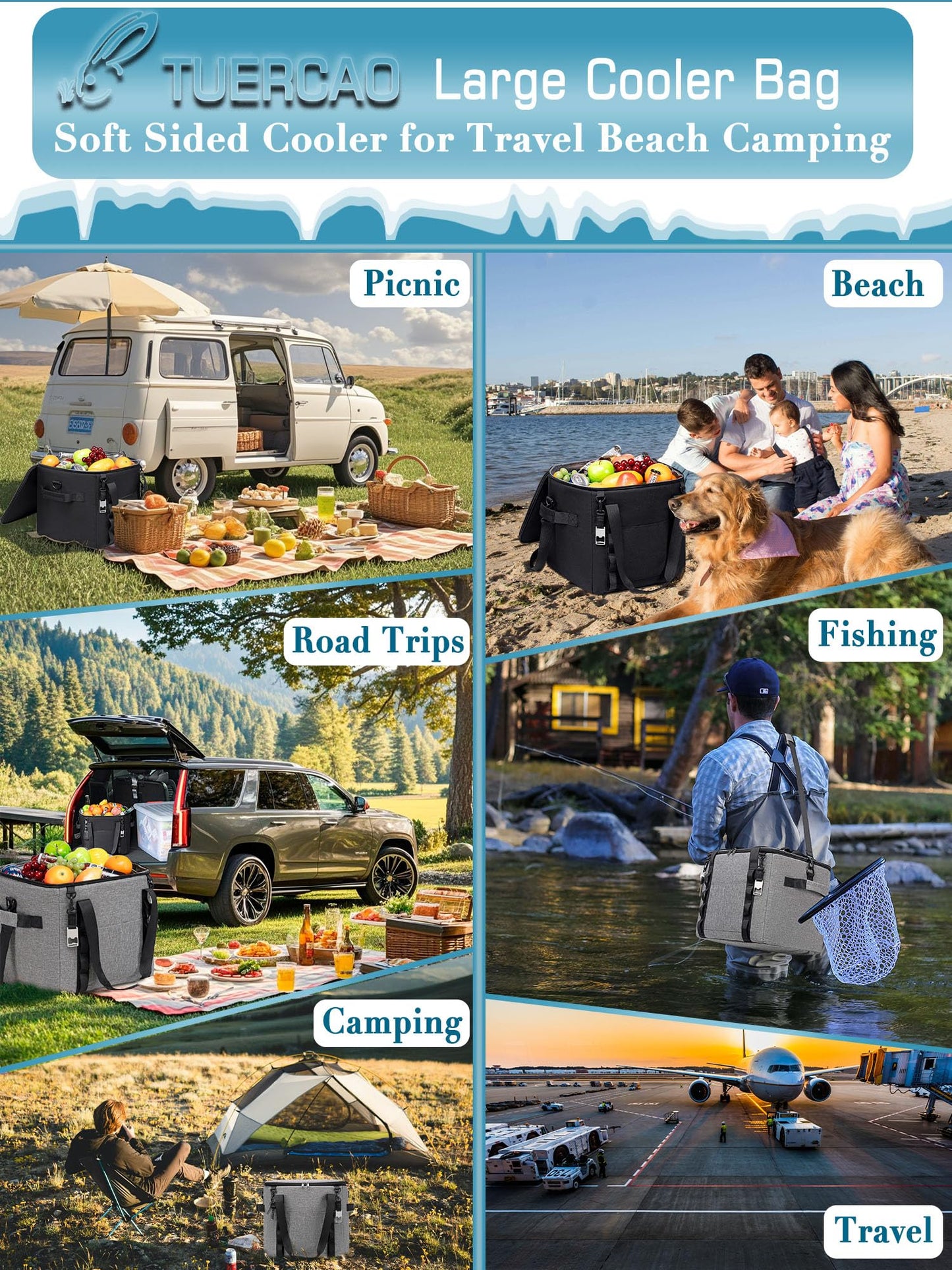 Insulated Soft Cooler Bag 12"x12"x12" Large Leakproof Soft Sided Ice Chest for Travel Beach Camping, 50 Cans Portable Cooler Box for Grocery Shopping, Road Trips, Light Grey