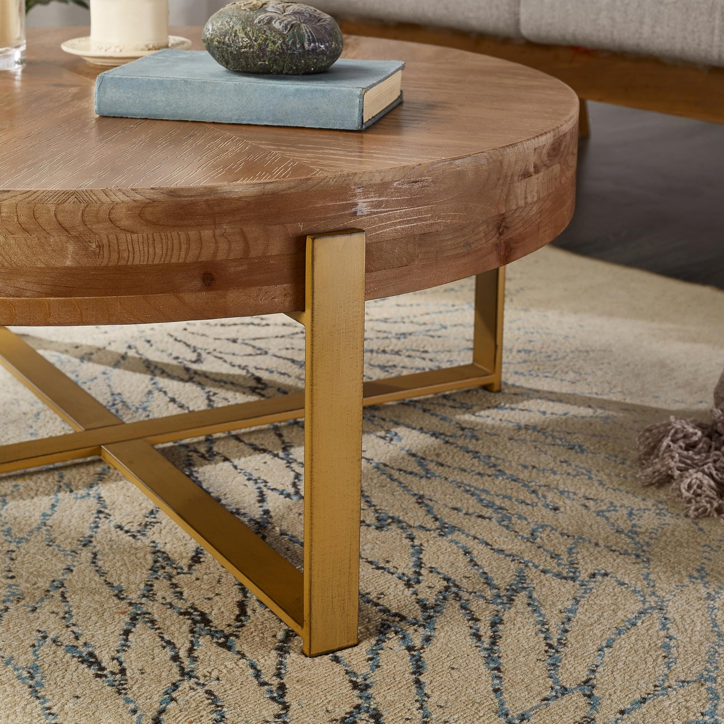 DS-HOMEPORT Round Wood Coffee Table for Living Room - Circle Wooden Coffee Table with Gold Metal Legs, Rustic, Vintage, Easy Assembly(Espresso,32.28" D x 32.28" W x 17.72" H)