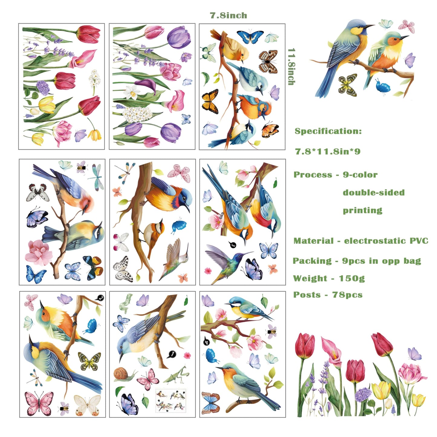 Vibrant Spring & Summer Window Clings - 78 PCS of Butterfly, Tree Branch Hummingbird, and Tulip Anti-Collision Window Stickers for Seasonal and Home Decor Delight