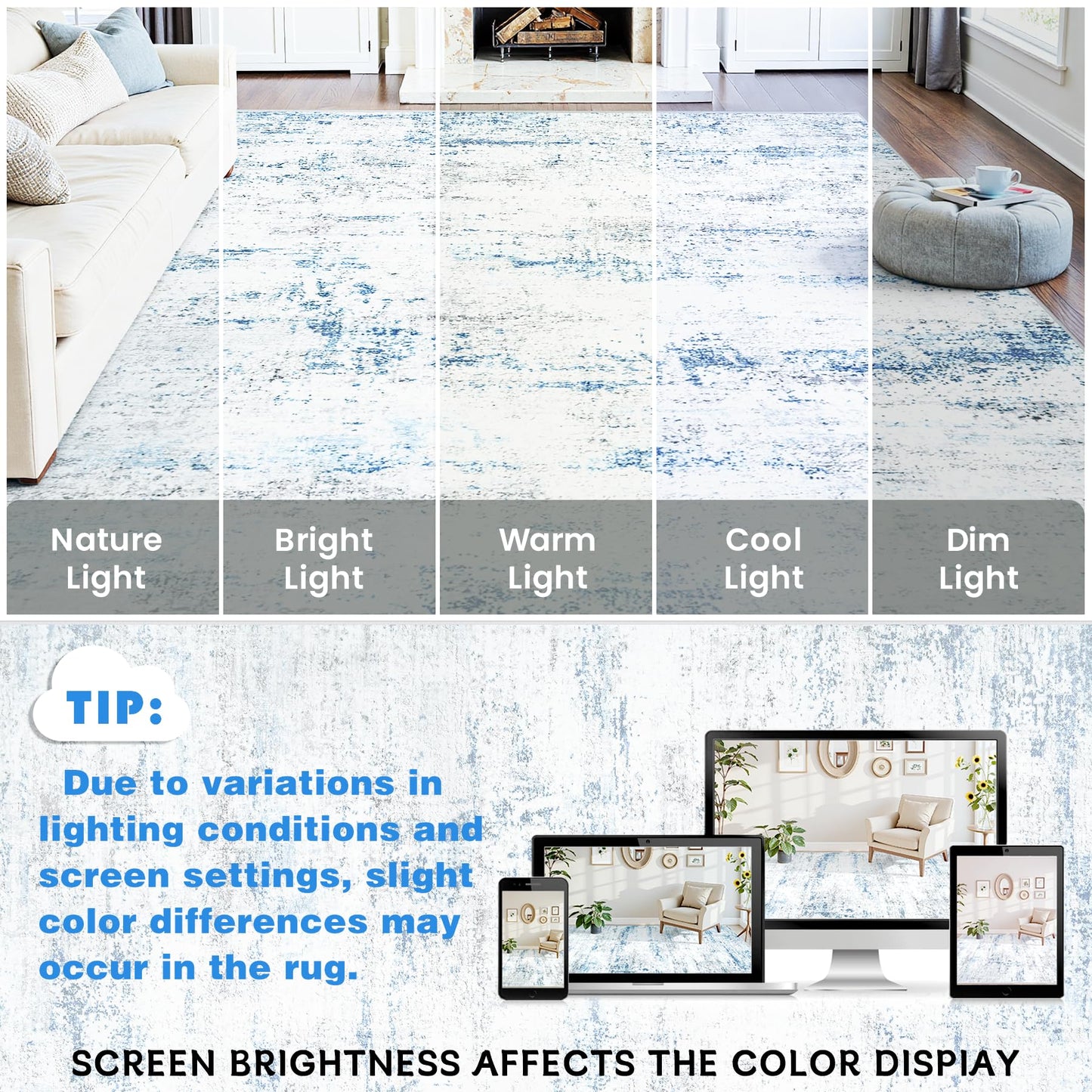 Area Rug Living Room Rugs: 5x7 Large Soft Indoor Carpet Modern Abstract Rug with Non Slip Rubber Backing for Under Dining Table Nursery Home Office Bedroom White Gray Blue