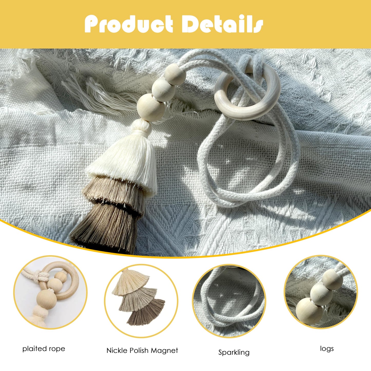 SRG Rope Curtain Tiebacks with Tassel Boho 2 PCS Handmade Wooden Ring Curtain Tie Backs Accessories Wall Decoration Drapery Curtain Holdbacks for Bedroom Window