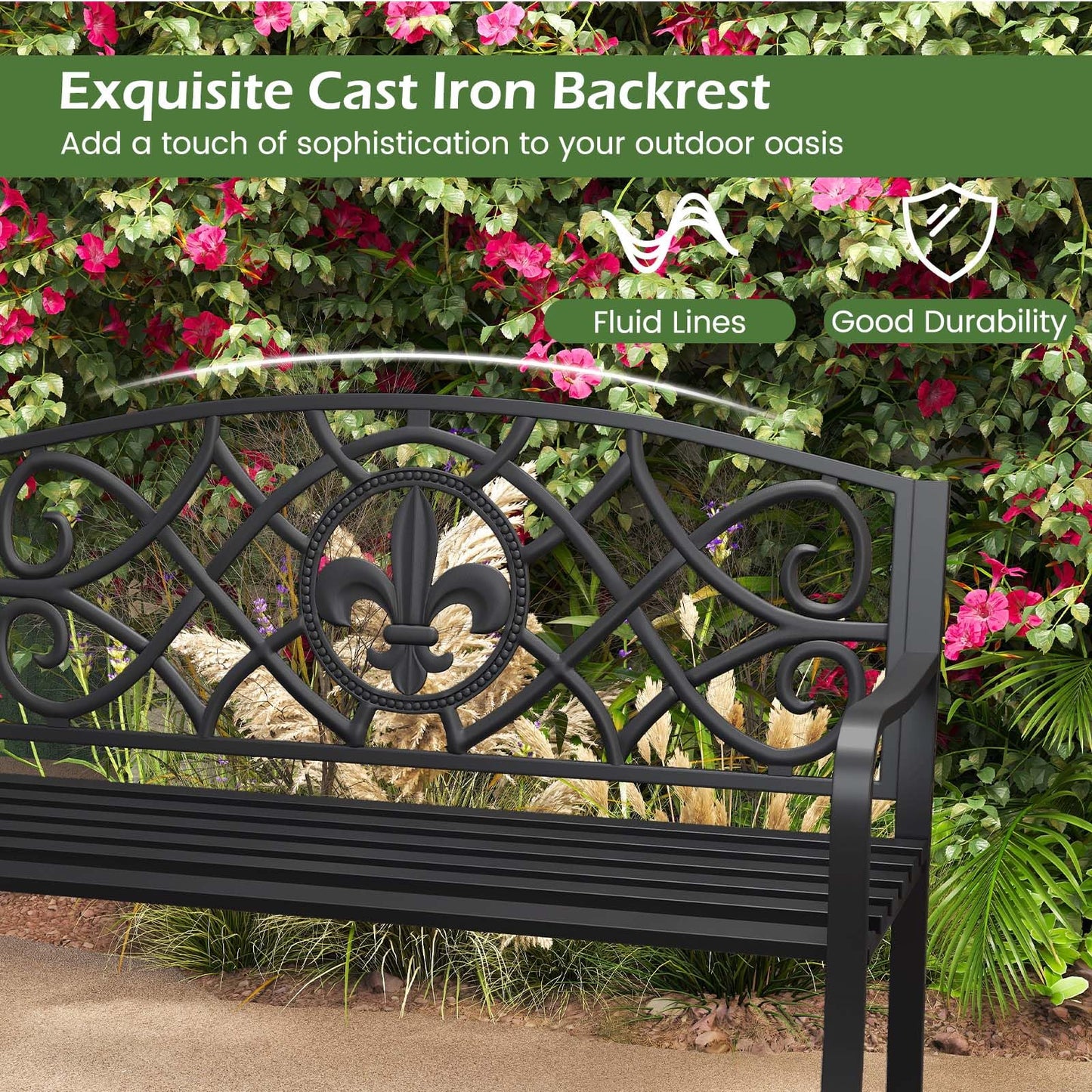Giantex 50.5” Outdoor Bench with Metal Frame, Floral Design Cast Iron Backrest, Slatted Seat, Adjustable Foot Pads, Load 660Lbs, Garden Bench for Outside Patio Backyard Porch Park, Black