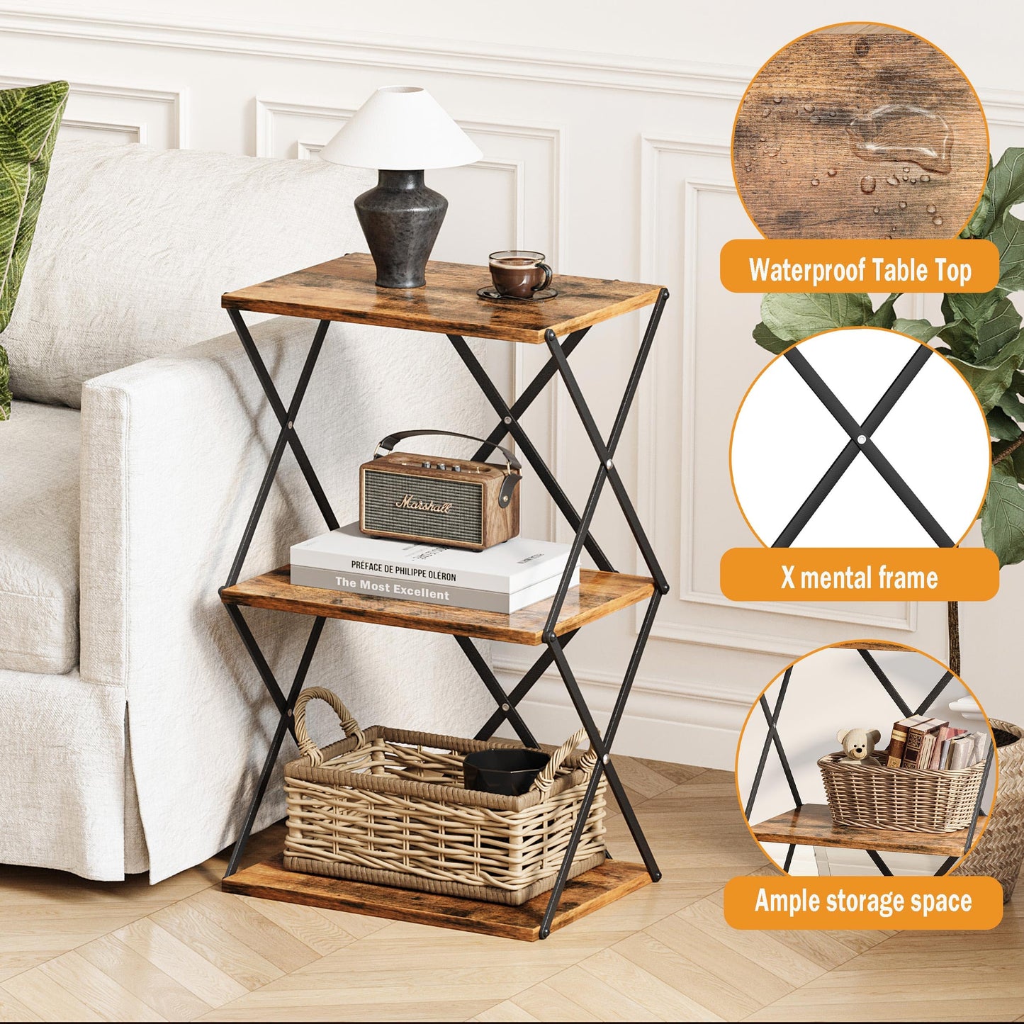 IRCPEN 3-Tier End Table Small Side Table Tall Bedside Night Stand with Storage Sofa Side desks for Living Room Bedroom Office Bathroom Small Space Rustic Brown ET-03RB