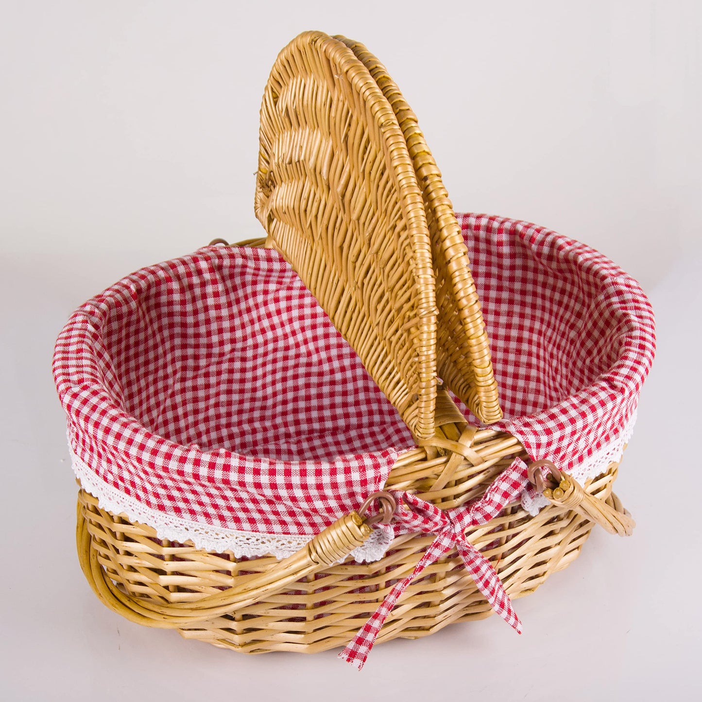 Wicker Picnic Basket with Lid and Handle Sturdy Woven Body with Washable Plaids Liner,Red