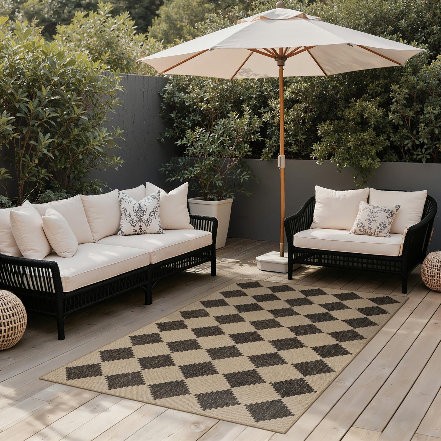 GENIMO Indoor Outdoor Area Rug 5'x8', Checkered Easy Jute Rug Machine Washable, Easy-Cleaning, Non Slip Geometric Outdoor Carpet for Patio, Living Room, Backyard, Porch, Deck, Balcony