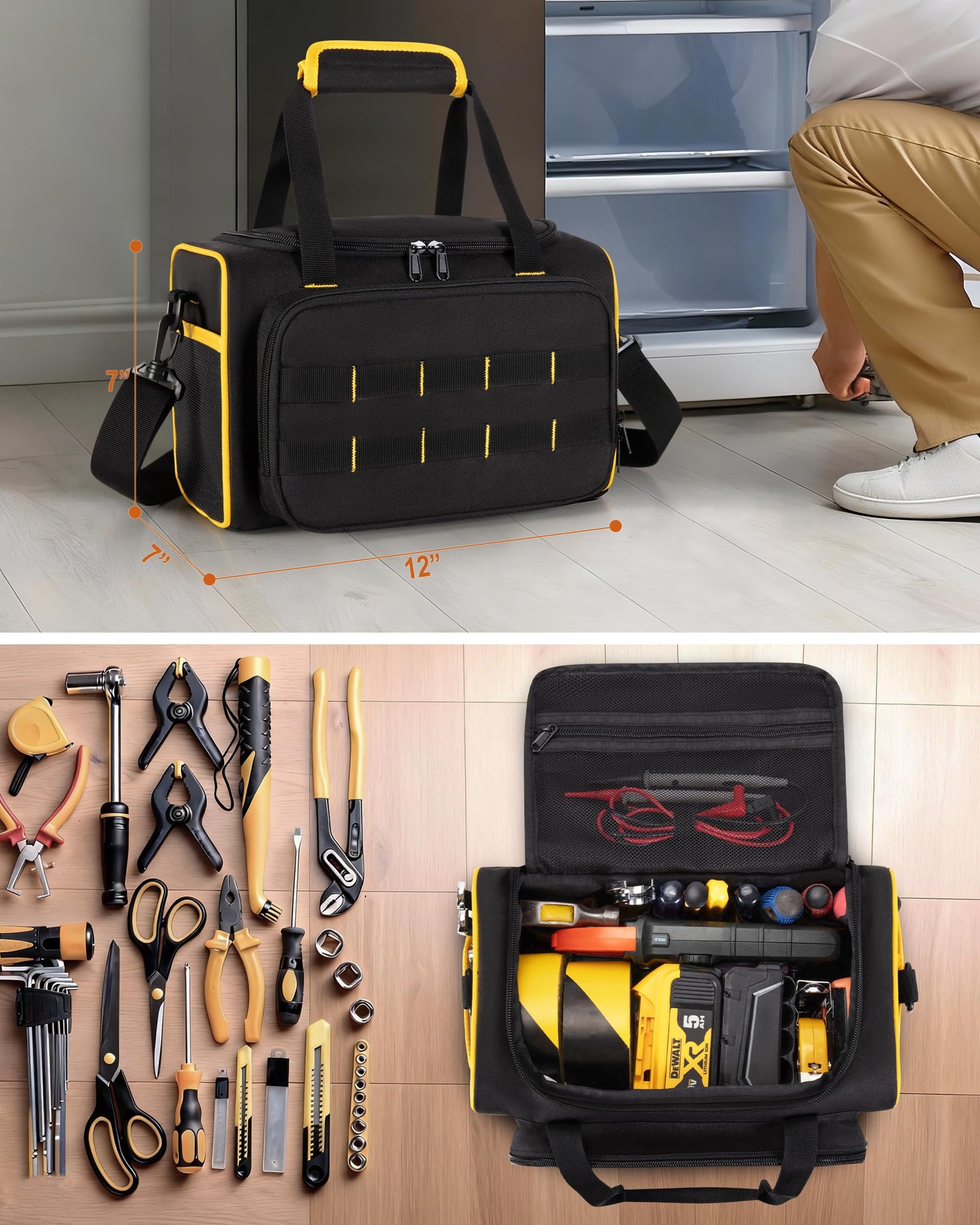 Marscamd 12-inch Tool Bag with Multiple Pockets, Heavy Duty Tool Tote for Men, Black
