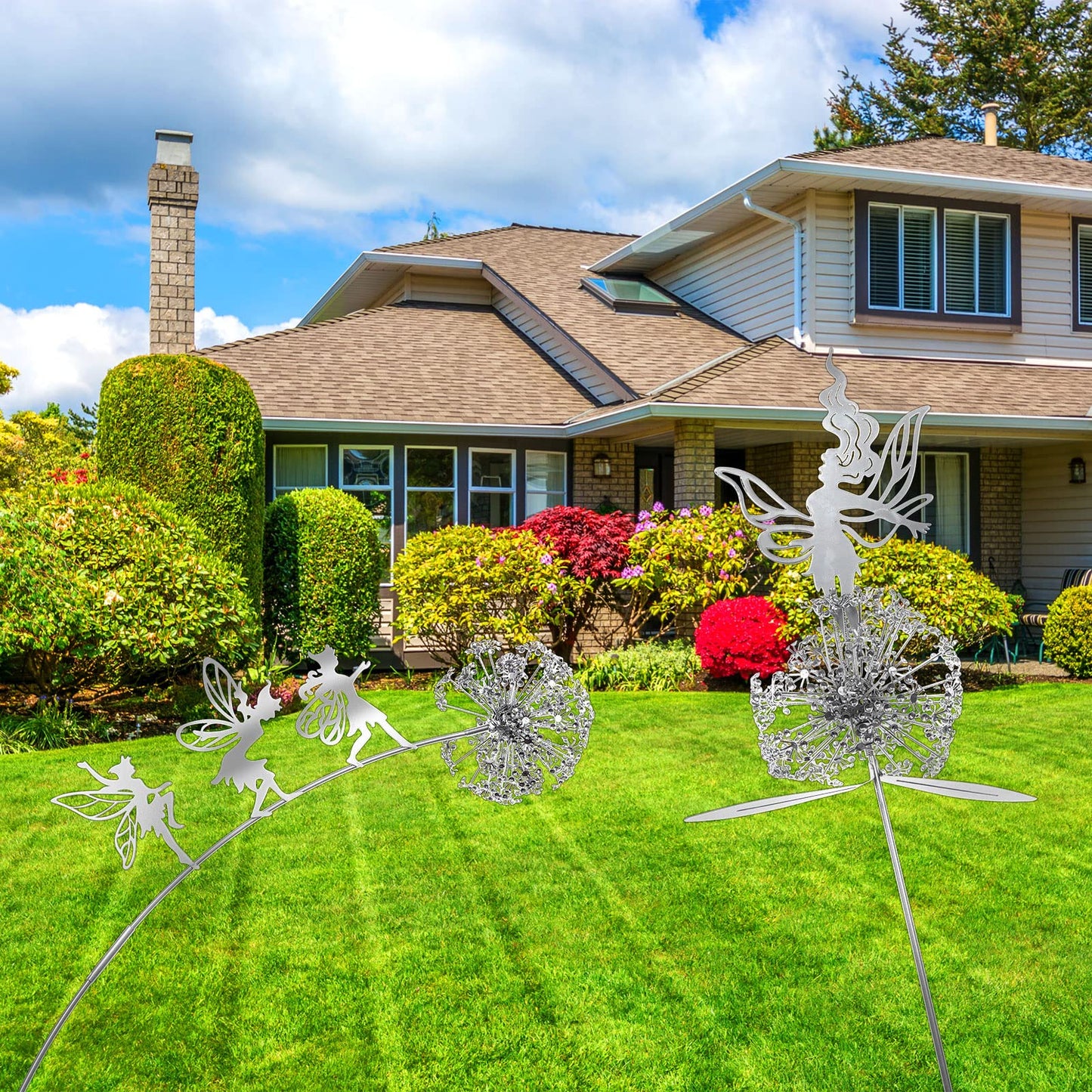 2 Pcs Dancing Fairy Dandelion Garden Sculptures Metal Art Outdoor Ornaments Whimsical Flower Fairy Silhouette Statues for Yard Lawn Patio Landscape Decor Adding Enchanting Magic to Outdoor Space