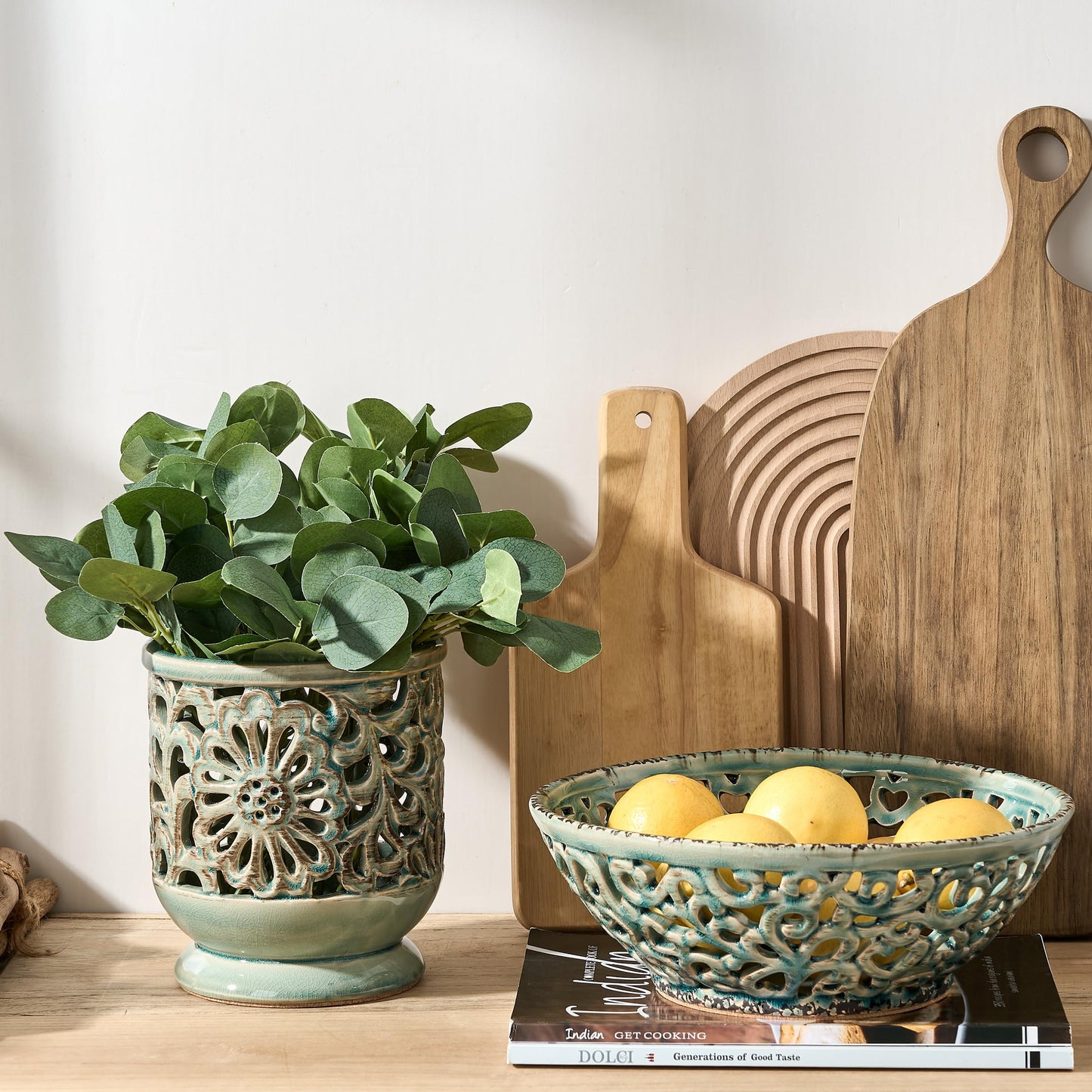 SIDUCAL Ceramic Fruit Bowl for Kitchen Counter,Decorative Fruit Basket with Holes, 10.43" Large Hollow Out Fruit Vegetable Holder Bowl for Table Decor, Blue