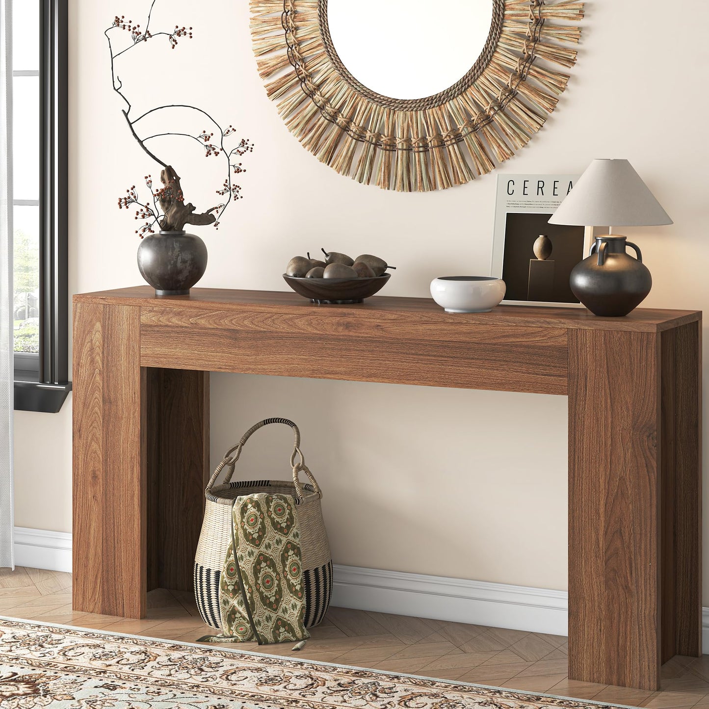 knoworld 63-Inch Long Console Table with LED Light, Farmhouse Sofa Table Behind Couch, Wooden Console Table for Entryway Hallway Entrance Living Room, Brown