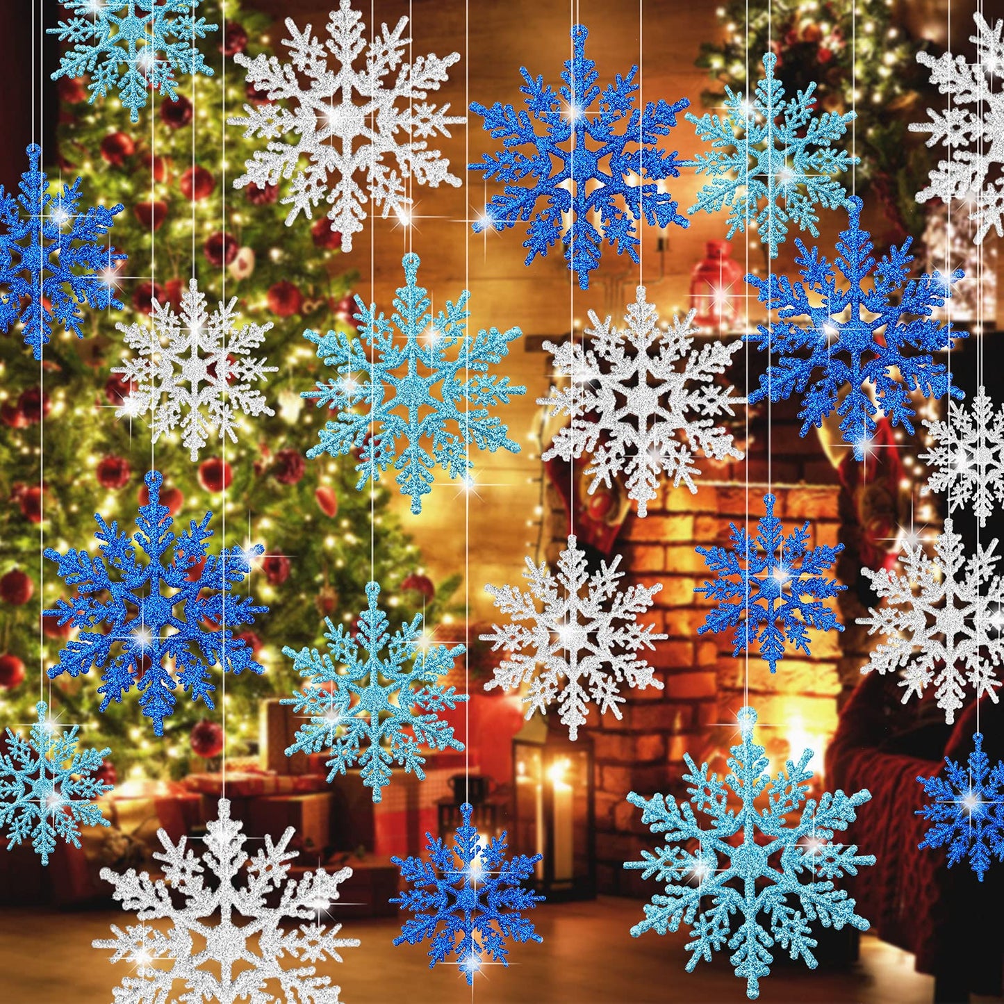 Whaline 45Pcs Winter Snowflake Hanging Ornament mas Glitter Blue Silver Pendant with String for Christmas Tree Winter Wonderland Holiday Party Decor