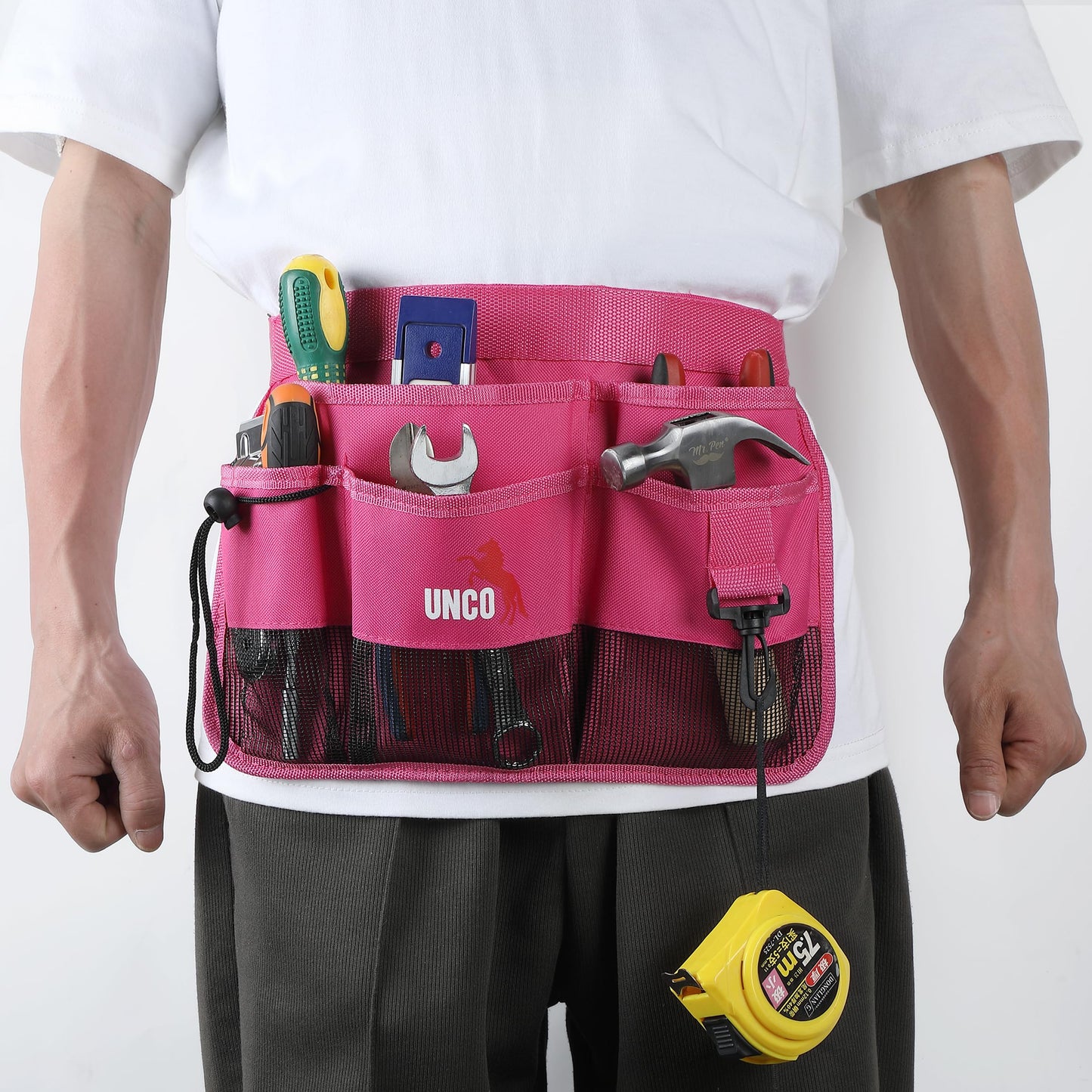 UNCO- Adjustable Gardening Belt, Pink, 7 Pockets, Wear, Cut and Water Resistant, Garden Tool Belt Pouch, Waist Apron with Pockets