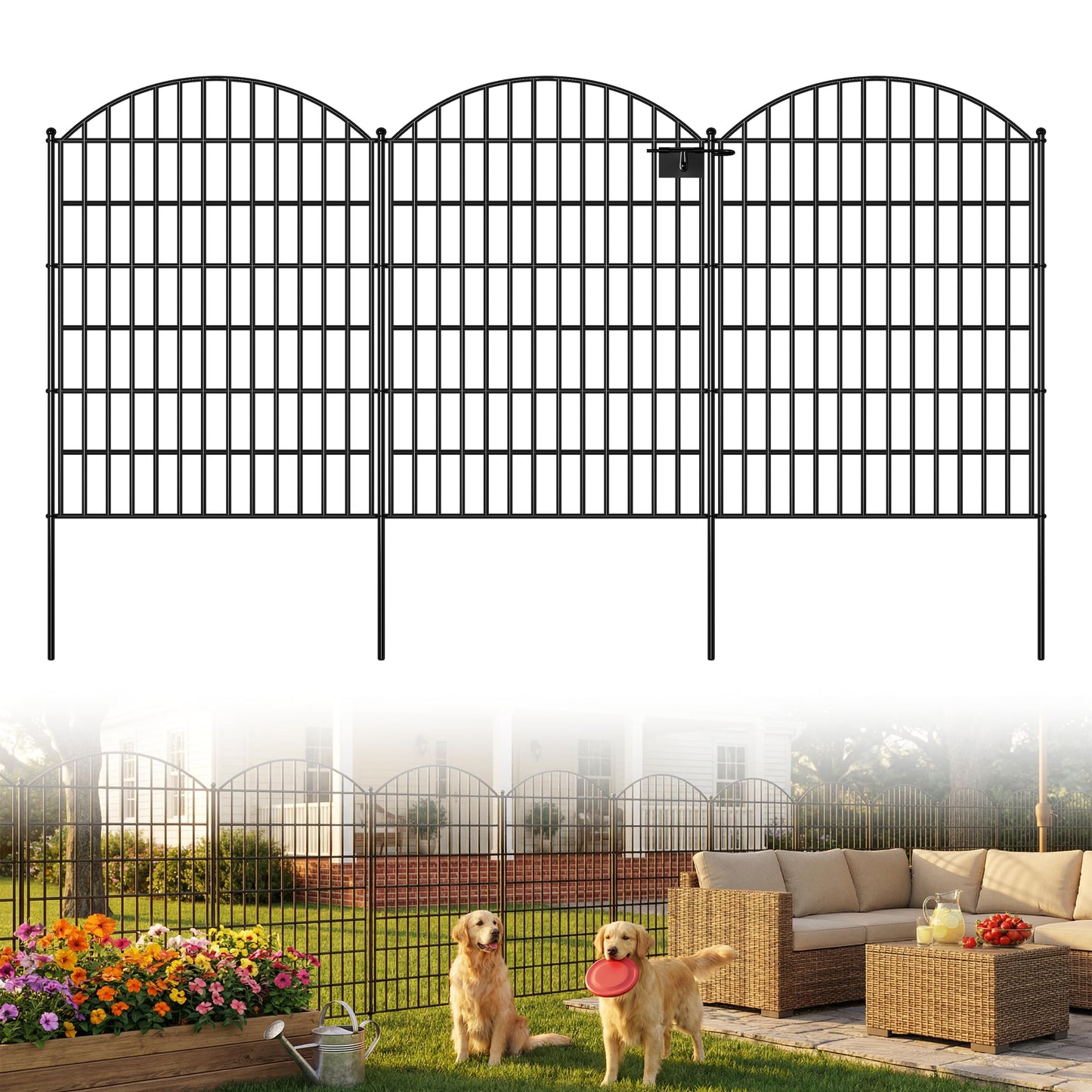 Toolterritary 10 Panels Arched No Dig Decorative Garden Fence with Gate, 40in(H) x 25.0ft(L) Dog Fence Outdoor for Yard, Rustproof Metal Garden Fence Animal Barrier for Dogs, Rabbits & Patio
