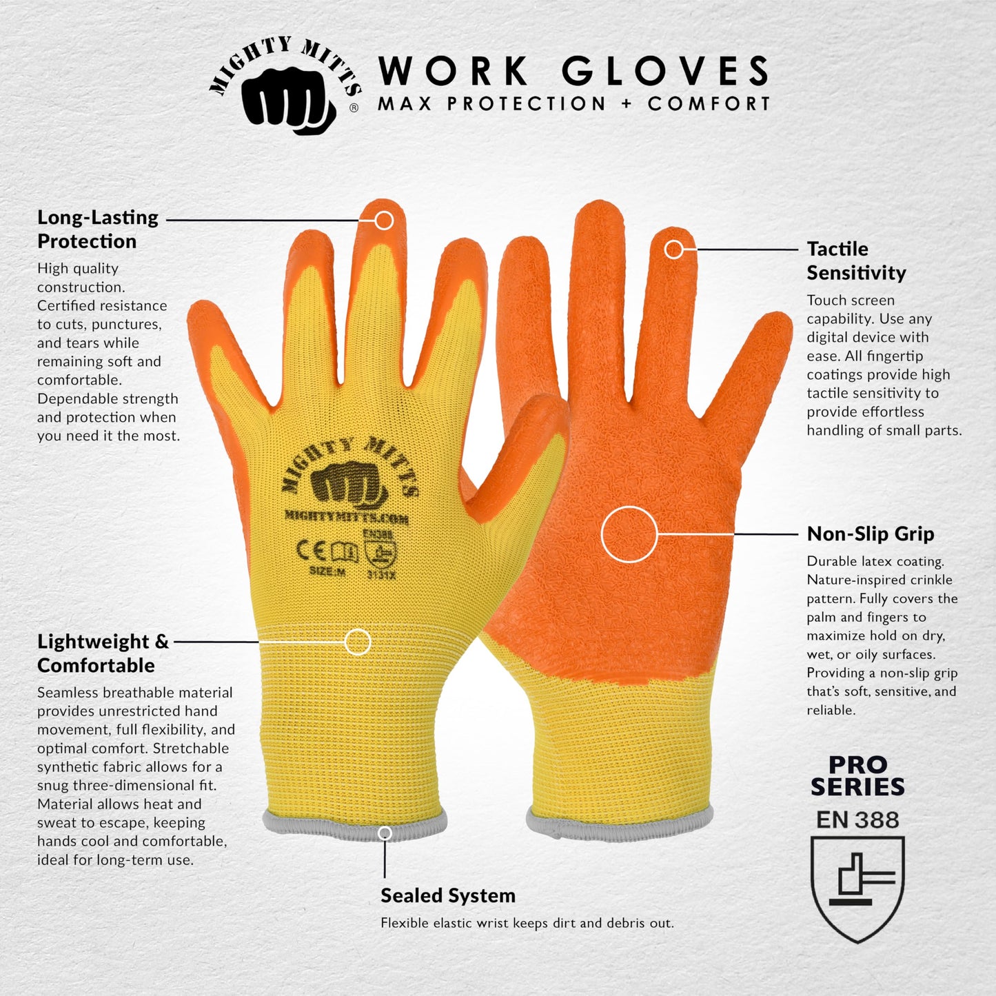Cut-Resistant Work Gloves with Latex Grip (12 Pack) – Durable Safety Gloves for Construction, Landscaping, Gardening & Warehouse Work - Medium - Mighty Mitts Safety Work Gloves