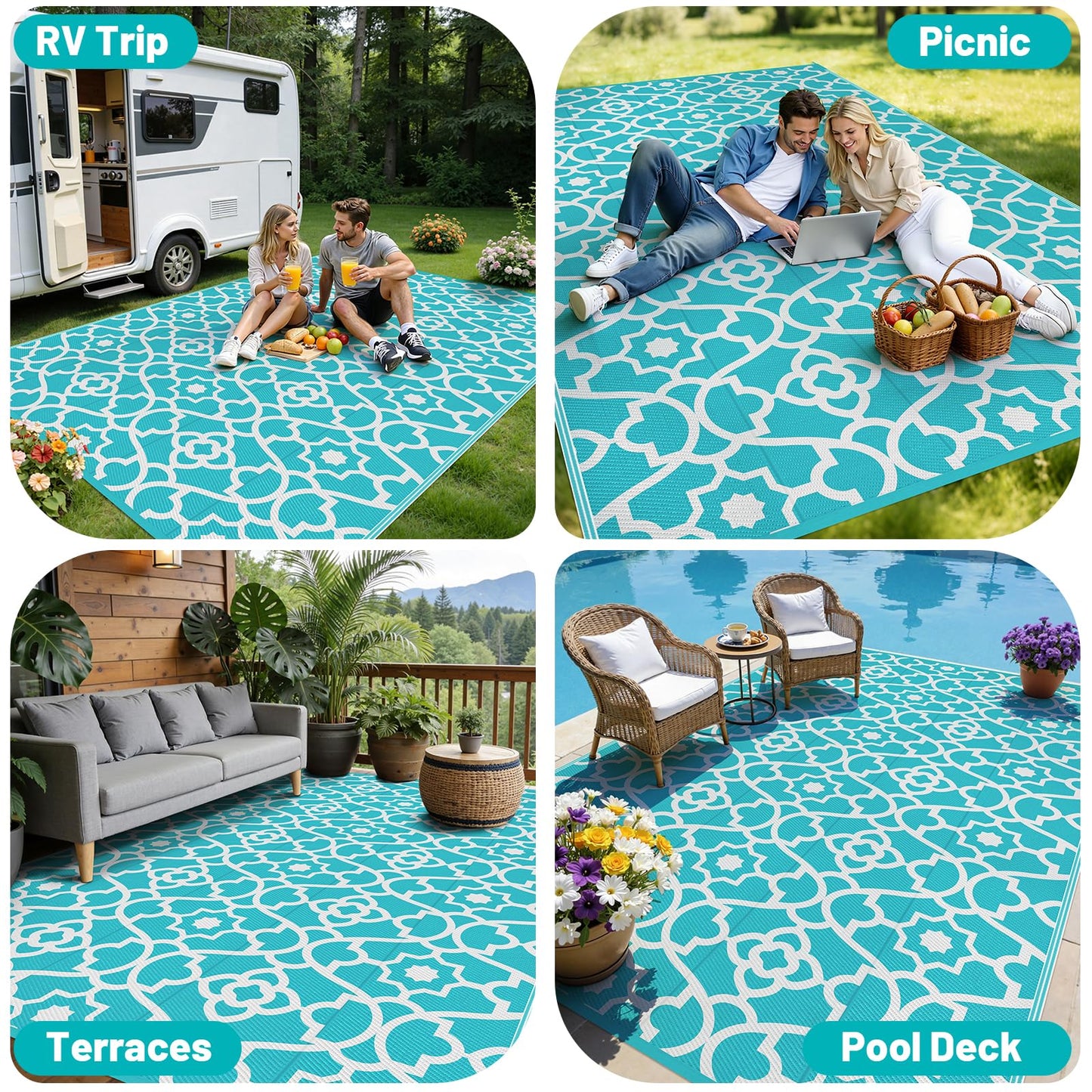 HEBE Outdoor Rug Waterproof 8x10, Plastic Straw Rug Camping Rug, Reversible Outdoor Patio Rugs RV Mat Clearance, Indoor Outside Floor Carpet for Porch,Deck,Camper,Balcony,Backyard