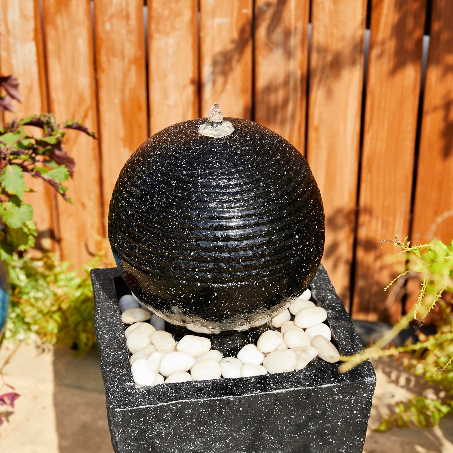 Glitzhome Outdoor Water Fountain with LED Light, Decorative Black Pedestal Water Fountains with Submersible Pump, Modern Sphere Floor Fountain with Pebbles for Garden Patio Decor Porch, 31.75”H