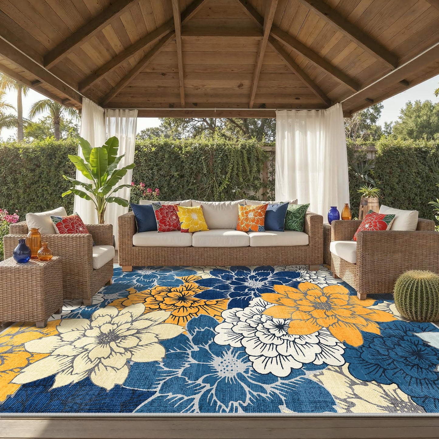 GENIMO Indoor Outdoor Area Rug 10'x14', Machine Washable Rugs for Patio, Waterproof, Non-Slip Easy Cleaning Floral Outdoor Mat Carpet for Living Room, Bedroom, RV, Balcony, Deck, Camping, Navy Blue