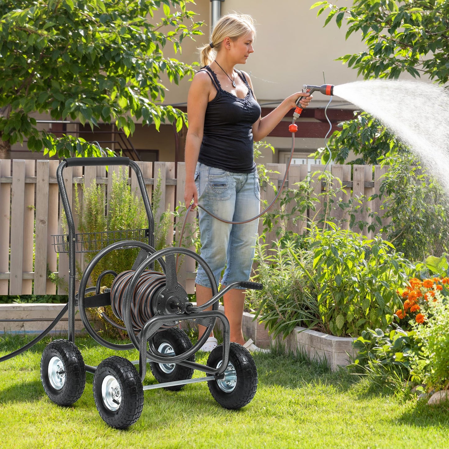 Autodaya 250FT Garden Hose Reel Cart with 10" Pneumatic Tires, Heavy-Duty Steel Frame for Tangle-Free Water Hose Storage, Easy-Rolling Lawn & Yard Hose Holder