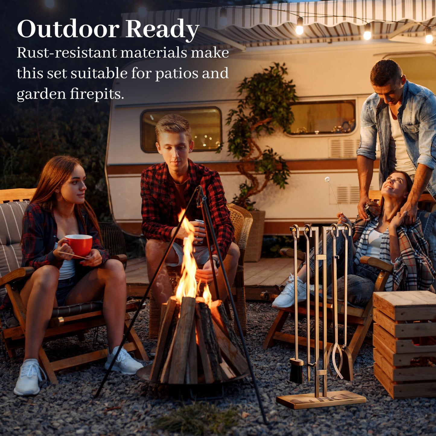 2WAYZ FLAMELY 5-Piece Fireplace Tools Set - Includes Fire Poker, Shovel, Brush, Tongs, Stand - Heavy-Duty Fireplace Accessories and Fire Tools for Indoor or Outdoor Use