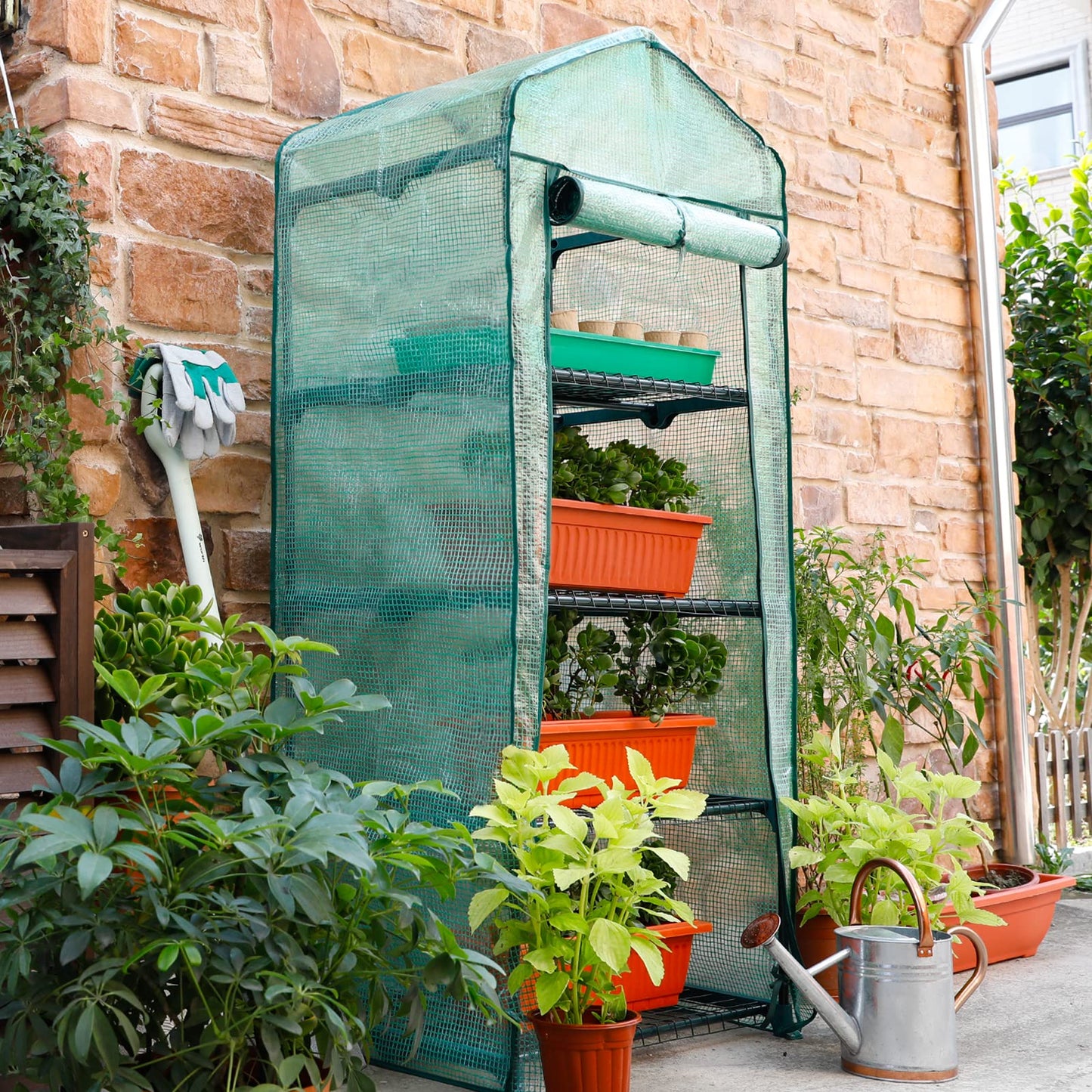 Worth Garden 4 Tier Mini Greenhouse - 63'' H x 27'' L x 19'' W - Sturdy Portable Gardening Shelves with Durable PE Cover w/ Roll-Up Zipper Door- Small Green House Indoor & Outdoor for Plants Flowers