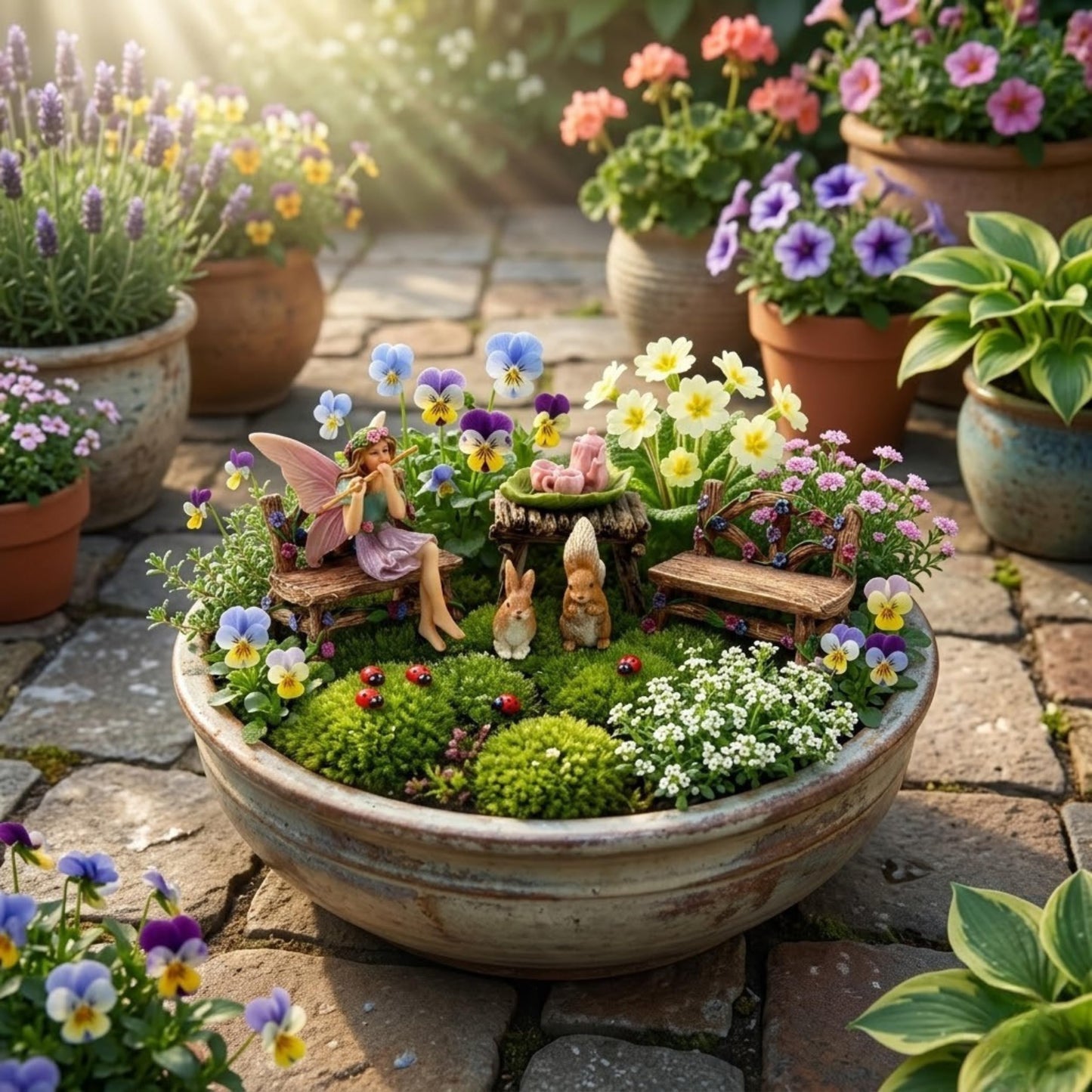 PRETMANNS Fairies for Fairy Garden Accessories for Outdoor - Figurine Bella and Furniture for Miniature Set with Squirrel, a Bunny, 4 Ladybugs - Ideal for Fairy Garden Starter Kit - 14 Piece Supplies